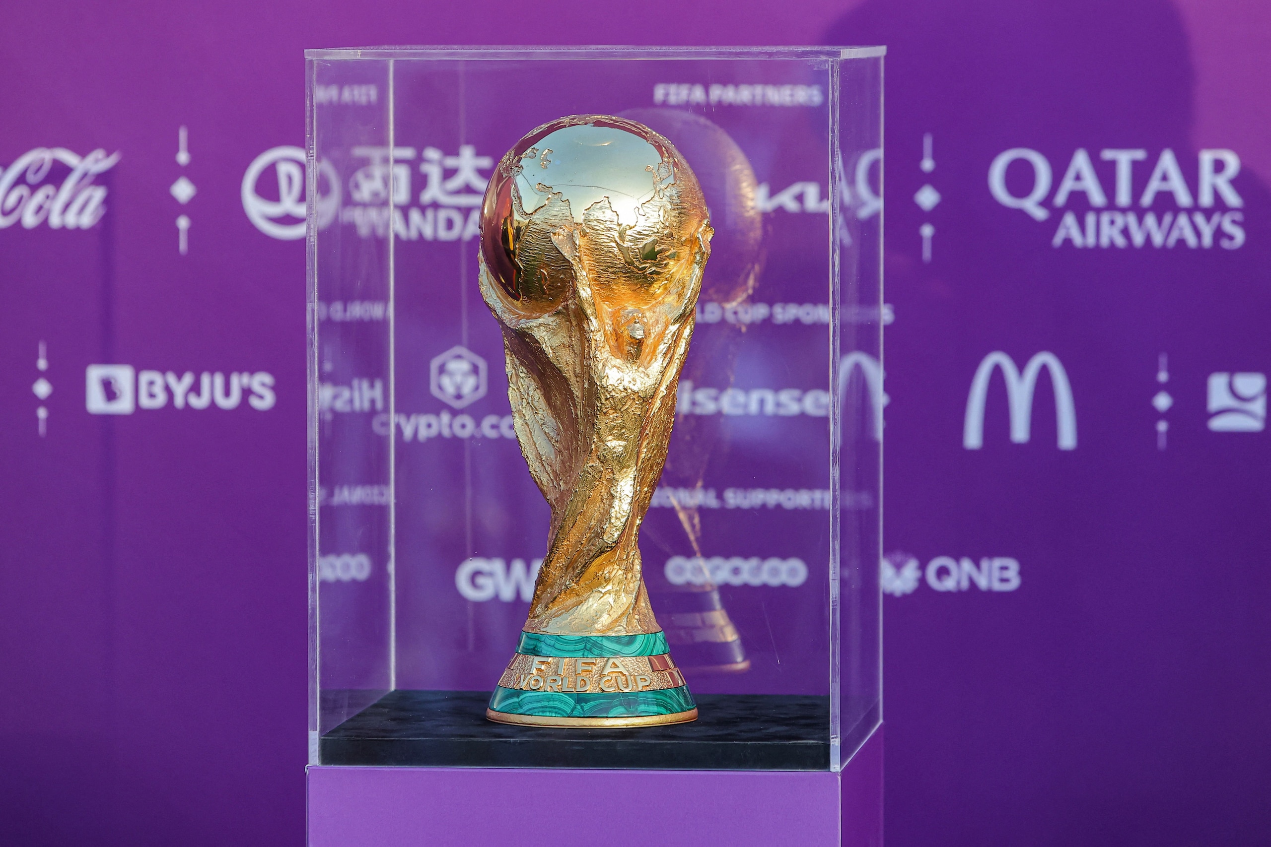 This picture taken on May 10, 2022 shows a view of the FIFA World Cup Trophy while on display at the Katara cultural village in Qatar's capital Doha. (Photo by KARIM JAAFAR / AFP) (Photo by KARIM JAAFAR/AFP via Getty Images)
