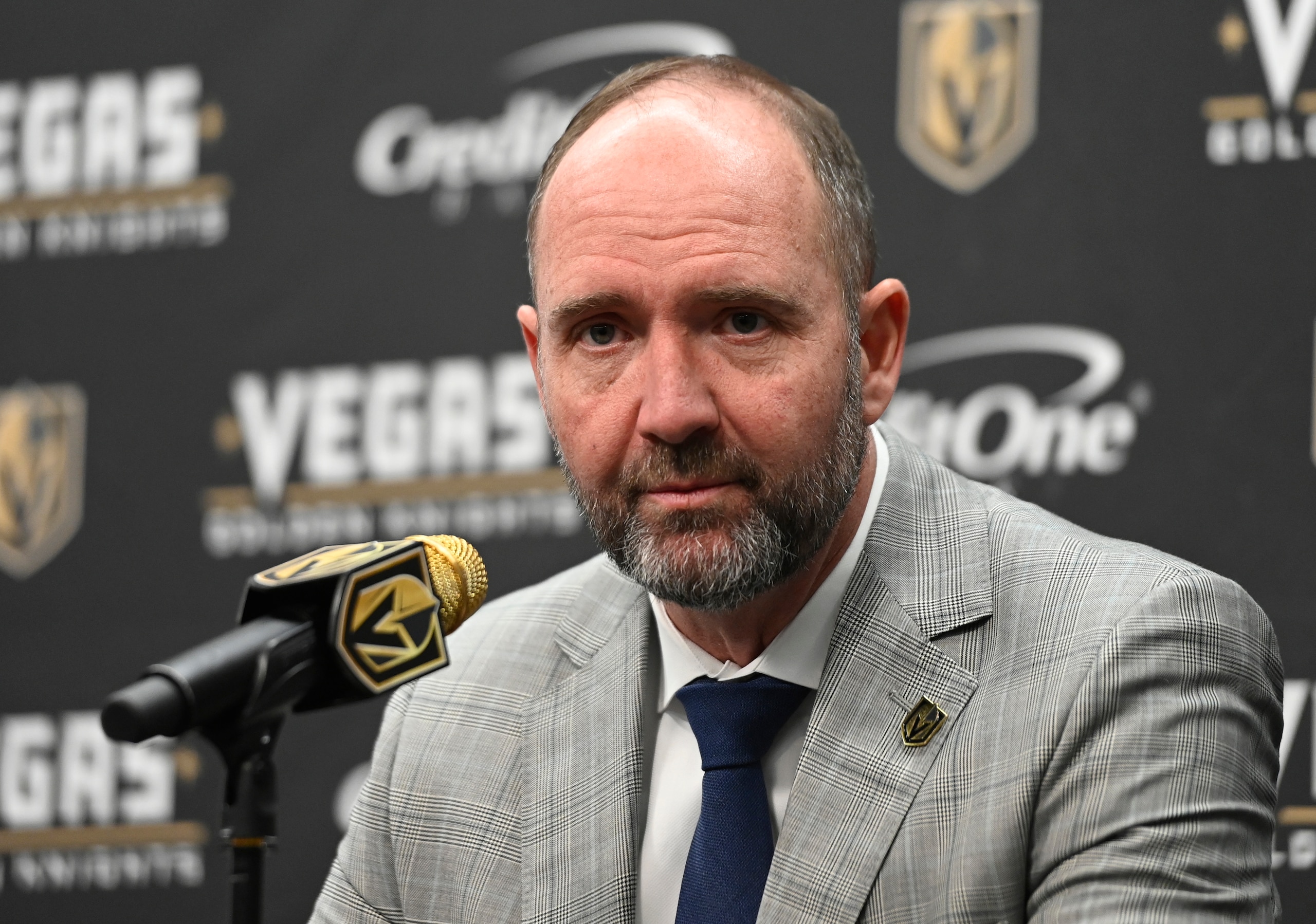 LAS VEGAS, NEVADA - APRIL 09: Vegas Golden Knights head coach Pete DeBoer speaks with media during a press conference after a victory over the Arizona Coyotes at T-Mobile Arena on April 09, 2022 in Las Vegas, Nevada. (Photo by David Becker/NHLI via Getty Images)