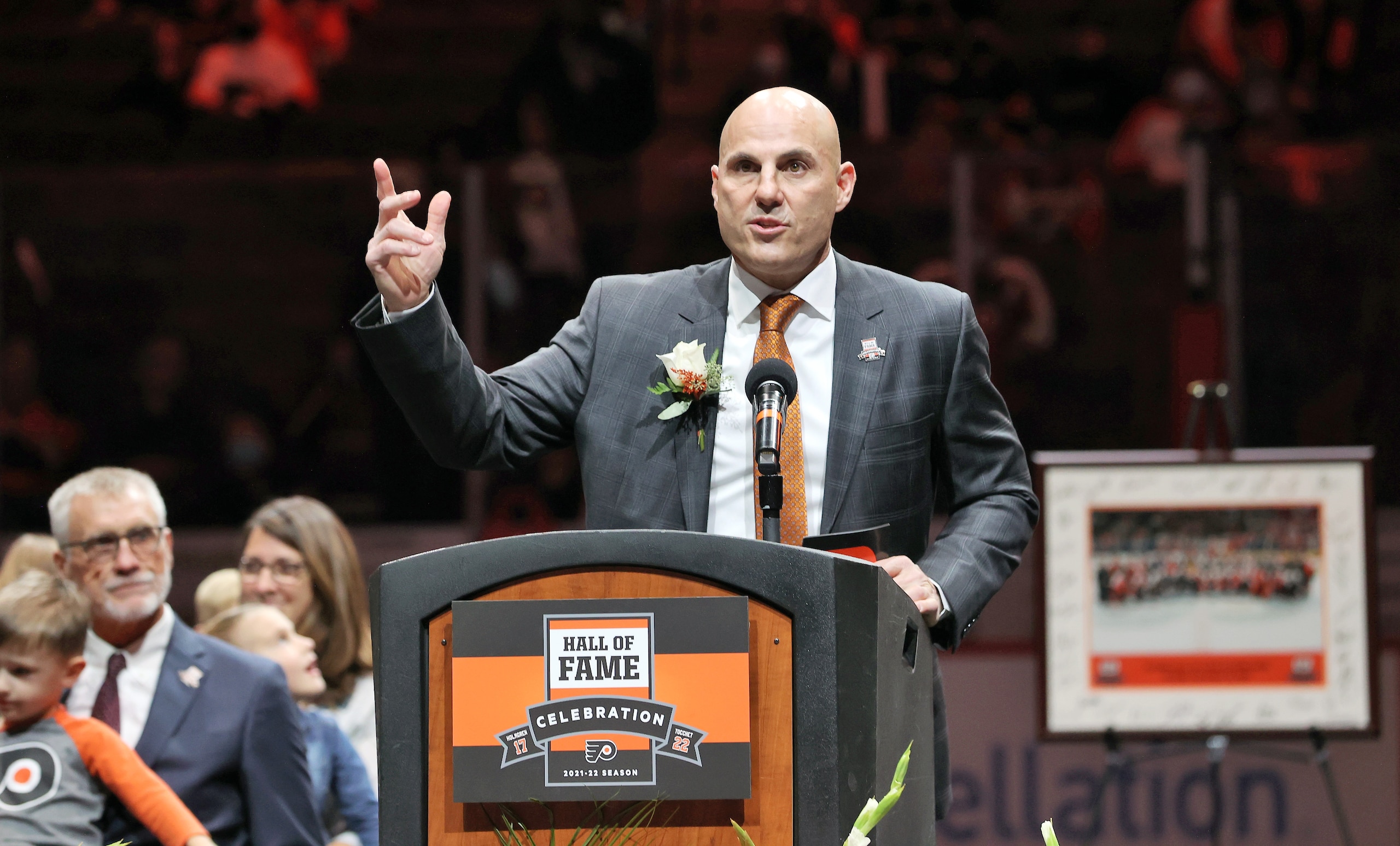 PHILADELPHIA, PA - NOVEMBER 16:  2021 Philadelphia Flyers Hall of Fame Inductee Rick Tocchet speaks during his pregame Hall of Fame induction ceremony prior to his team's game against the Calgary Flames at the Wells Fargo Center on November 16, 2021 in Philadelphia, Pennsylvania.  (Photo by Len Redkoles/NHLI via Getty Images)