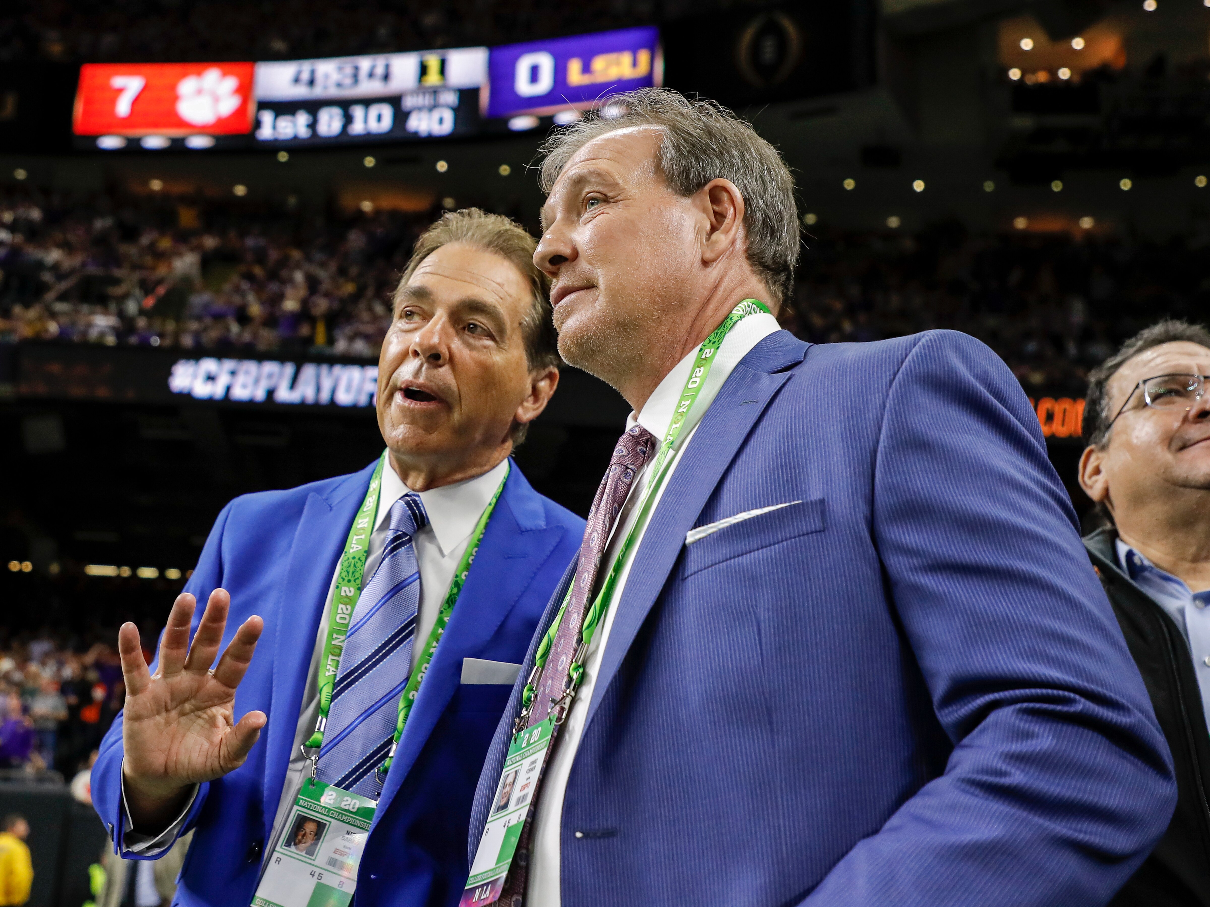 NEW ORLEANS, LA - JANUARY 13: Head Coach Nick Saban of the Alabama Crimson Tide and Head Coach Jimbo Fisher of the Texas A&M Aggies on the sidelines talking during of the College Football Playoff National Championship game with the LSU Tigers playing against the Clemson Tigers at the Mercedes-Benz Superdome on January 13, 2020 in New Orleans, Louisiana. LSU defeated Clemson 42 to 25. (Photo by Don Juan Moore/Getty Images)