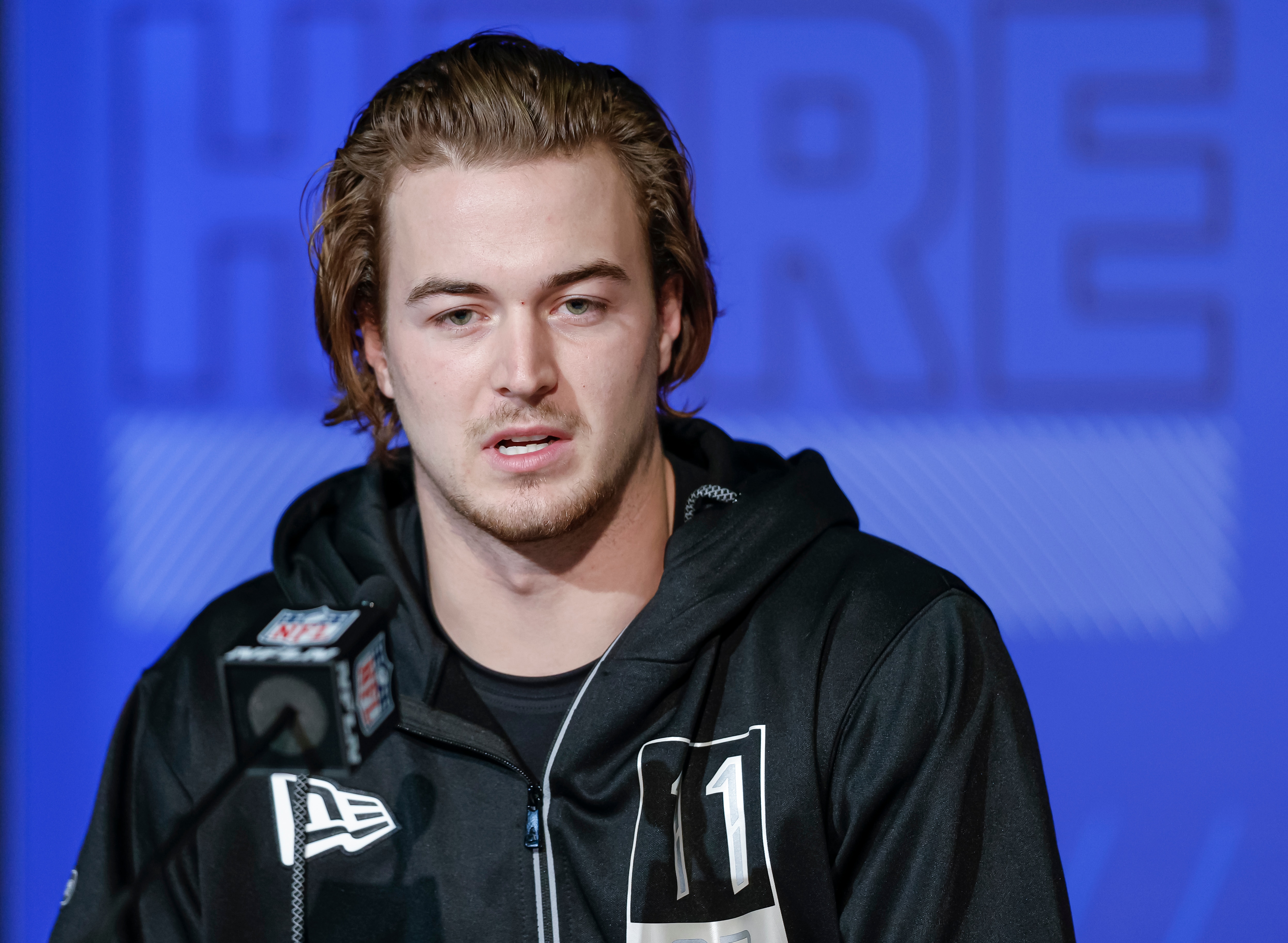 INDIANAPOLIS, IN - MAR 02: Kenny Pickett #QB11 of the Pittsburgh Panthers speaks to reporters during the NFL Draft Combine at the Indiana Convention Center on March 2, 2022 in Indianapolis, Indiana. (Photo by Michael Hickey/Getty Images)