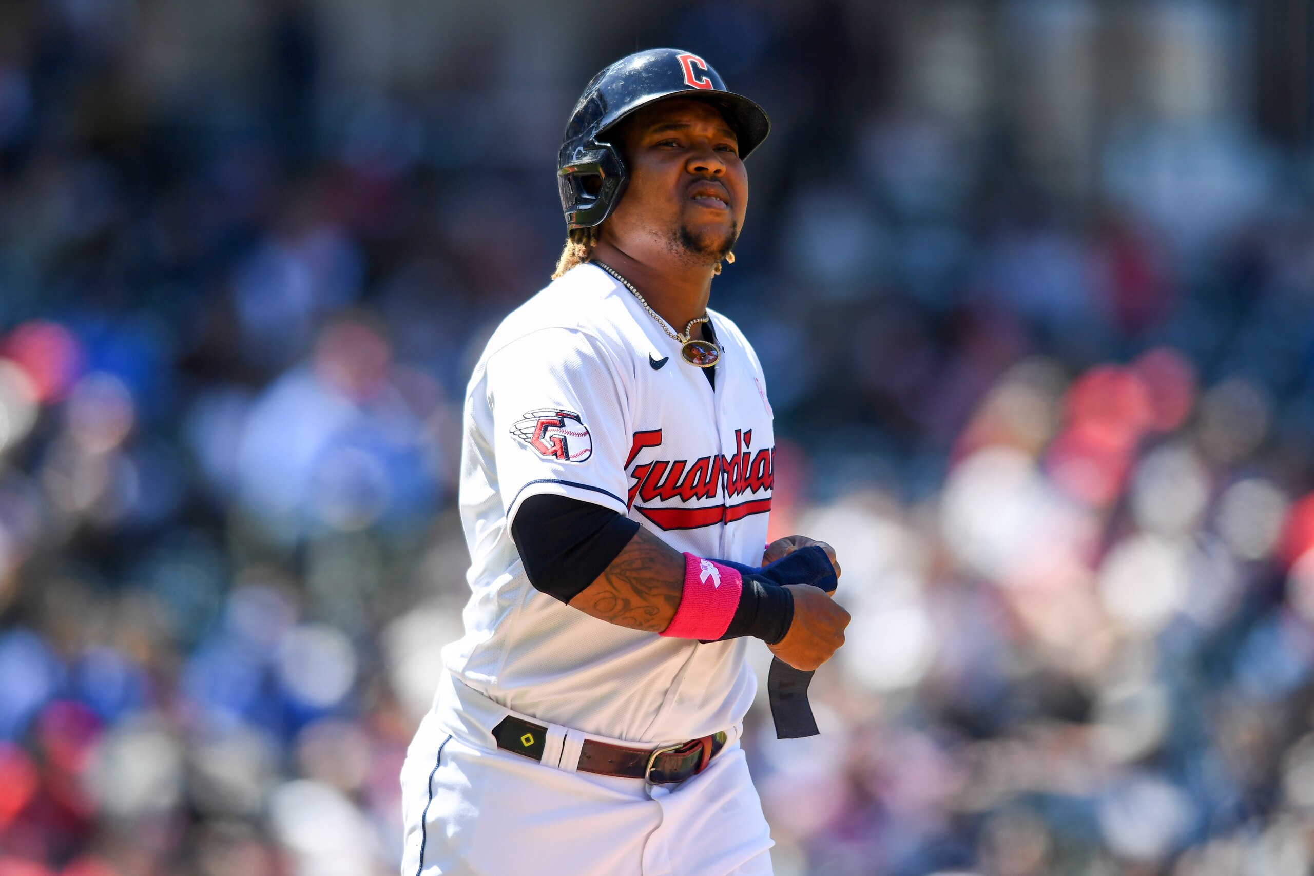 CLEVELAND, OH - MAY 08, 2022: José Ramírez #11 of the Cleveland Guardians runs to first base after drawing a walk during the first inning against the Toronto Blue Jays at Progressive Field on May 8, 2022 in Cleveland, Ohio. (Photo by Nick Cammett/Diamond Images via Getty Images)
