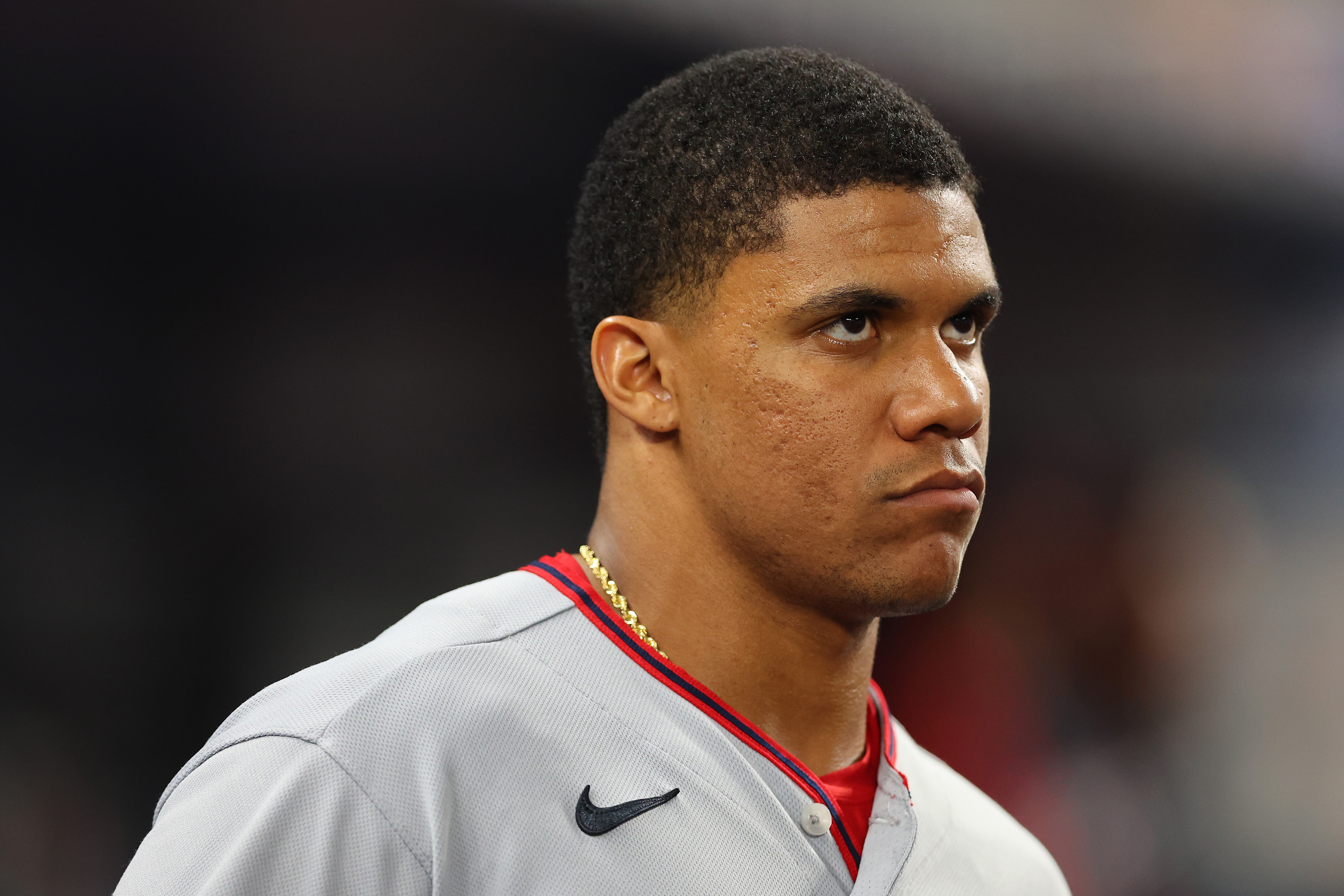 MIAMI, FLORIDA - MAY 16: Juan Soto #22 of the Washington Nationals looks on against the Miami Marlins at loanDepot park on May 16, 2022 in Miami, Florida. (Photo by Michael Reaves/Getty Images)