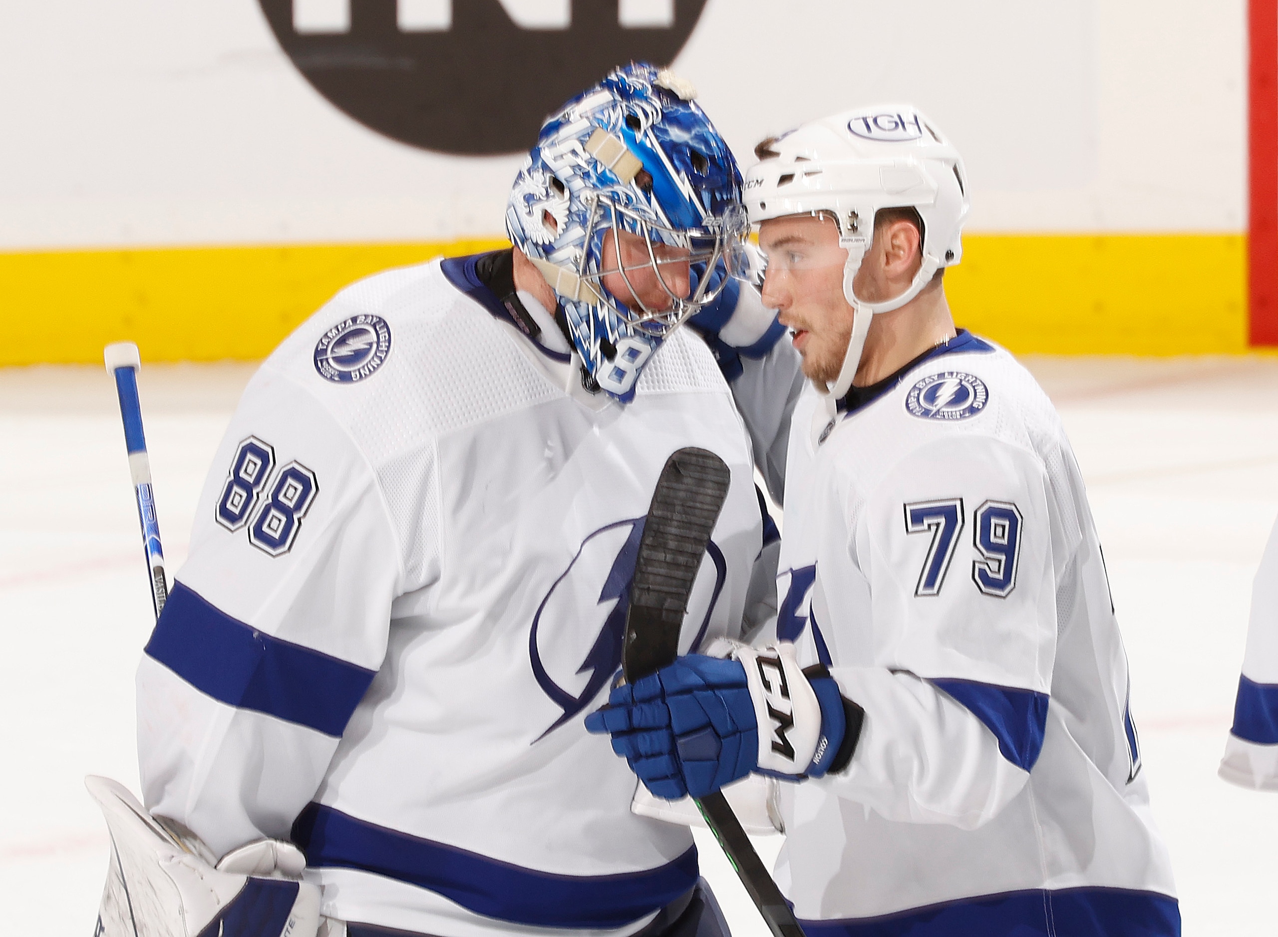 SUNRISE, FL - MAY 17: Ross Colton #79 congratulates goaltender Andrei Vasilevskiy #88 of the Tampa Bay Lightning after the win against the Florida Panthers in Game One of the Second Round of the 2022 NHL Stanley Cup Playoffs at the FLA Live Arena on May 17, 2022 in Sunrise, Florida. The Lightning defeated the Panthers 4-1. (Photo by Joel Auerbach/Getty Images) SUNRISE, FL - MAY 17: Ross Colton #79 congratulates goaltender Andrei Vasilevskiy #88 of the Tampa Bay Lightning after the win against the Florida Panthers in Game One of the Second Round of the 2022 NHL Stanley Cup Playoffs at the FLA Live Arena on May 17, 2022 in Sunrise, Florida. The Lightning defeated the Panthers 4-1. (Photo by Joel Auerbach/Getty Images)