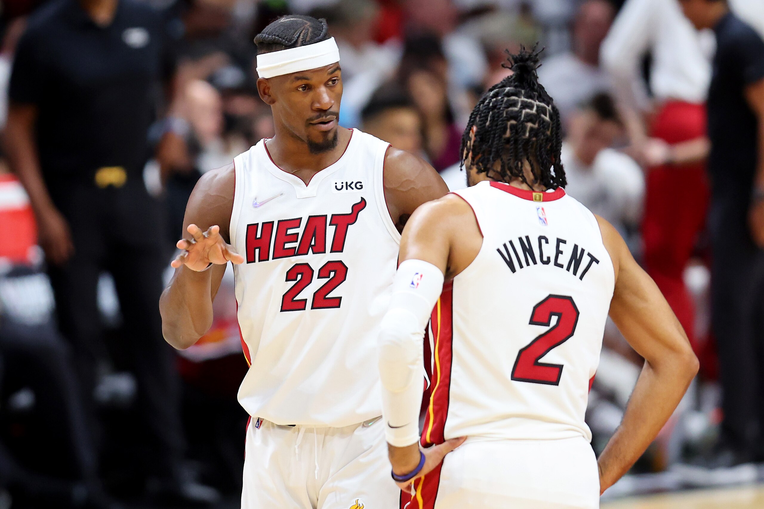 MIAMI, FLORIDA - MAY 19: Jimmy Butler #22 and Gabe Vincent #2 of the Miami Heat talk during the first quarter against the Boston Celtics in Game Two of the 2022 NBA Playoffs Eastern Conference Finals at FTX Arena on May 19, 2022 in Miami, Florida. NOTE TO USER: User expressly acknowledges and agrees that, by downloading and or using this photograph, User is consenting to the terms and conditions of the Getty Images License Agreement. (Photo by Michael Reaves/Getty Images) MIAMI, FLORIDA - MAY 19: Jimmy Butler #22 and Gabe Vincent #2 of the Miami Heat talk during the first quarter against the Boston Celtics in Game Two of the 2022 NBA Playoffs Eastern Conference Finals at FTX Arena on May 19, 2022 in Miami, Florida. NOTE TO USER: User expressly acknowledges and agrees that, by downloading and or using this photograph, User is consenting to the terms and conditions of the Getty Images License Agreement. (Photo by Michael Reaves/Getty Images)