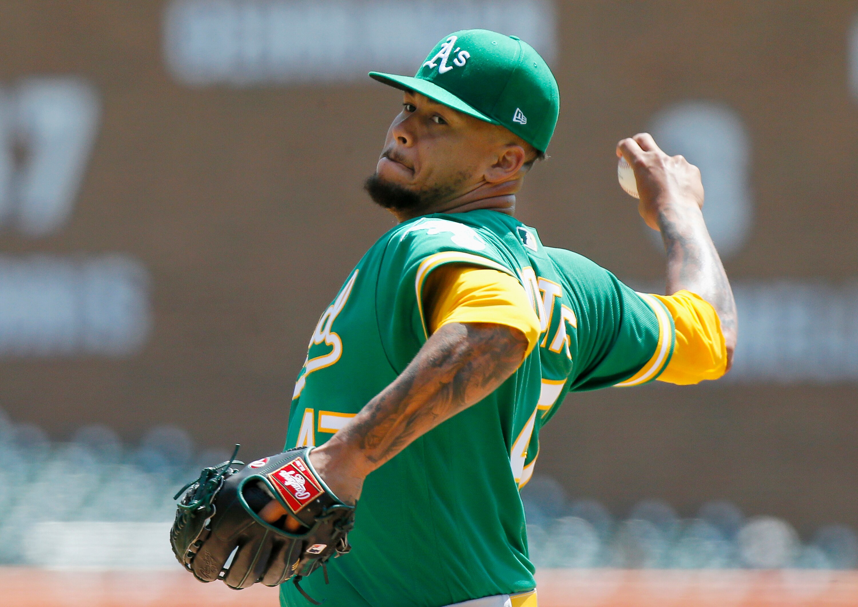 DETROIT, MI -  MAY 10:   Frankie Montas #47 of the Oakland Athletics pitches against the Detroit Tigers during the second inning of Game One of a doubleheader at Comerica Park on May 10, 2022, in Detroit, Michigan. (Photo by Duane Burleson/Getty Images)