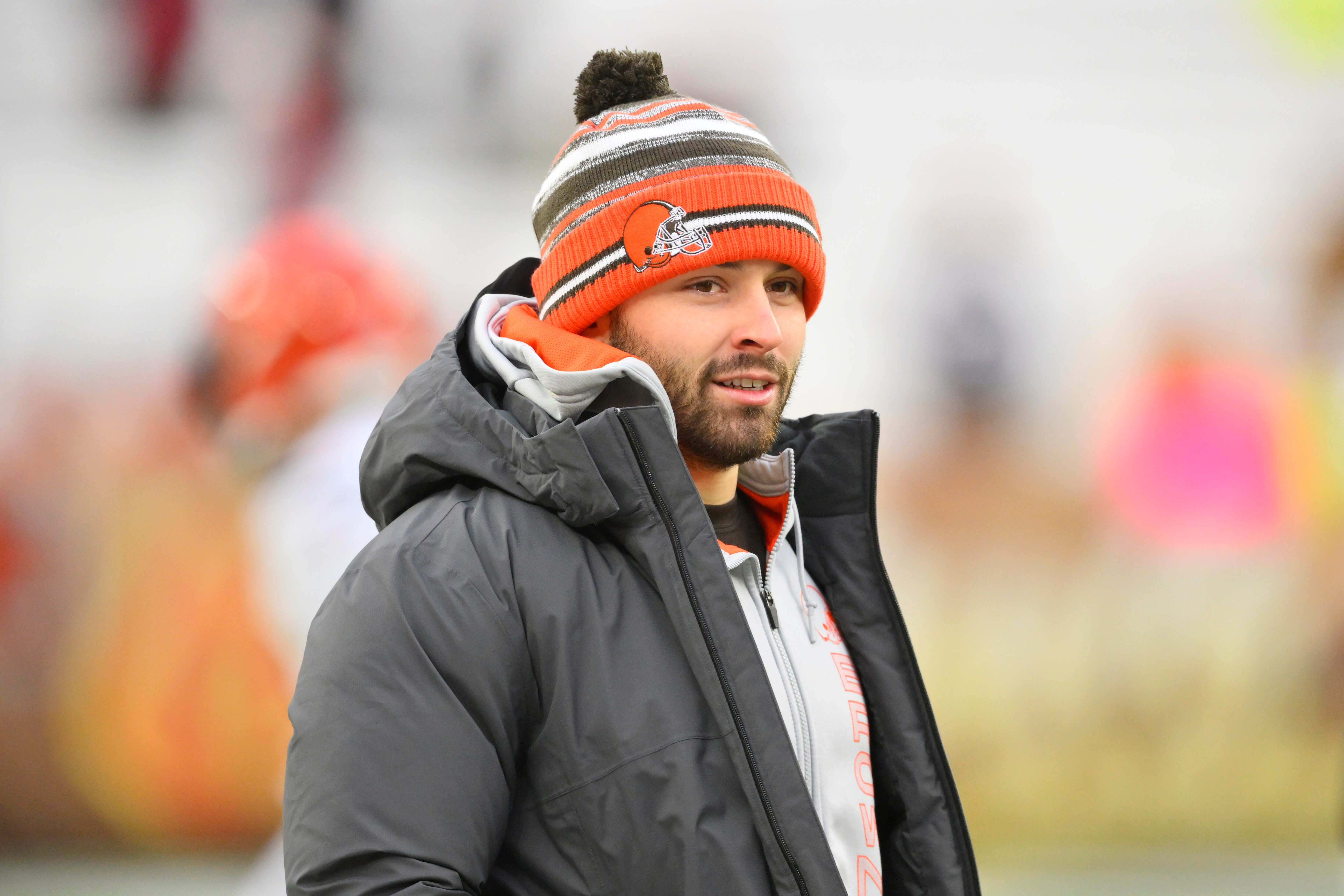 Cleveland Browns quarterback Baker Mayfield watches during warm-ups before an NFL football game against the Cincinnati Bengals, Sunday, Jan. 9, 2022, in Cleveland. (AP Photo/David Richard)