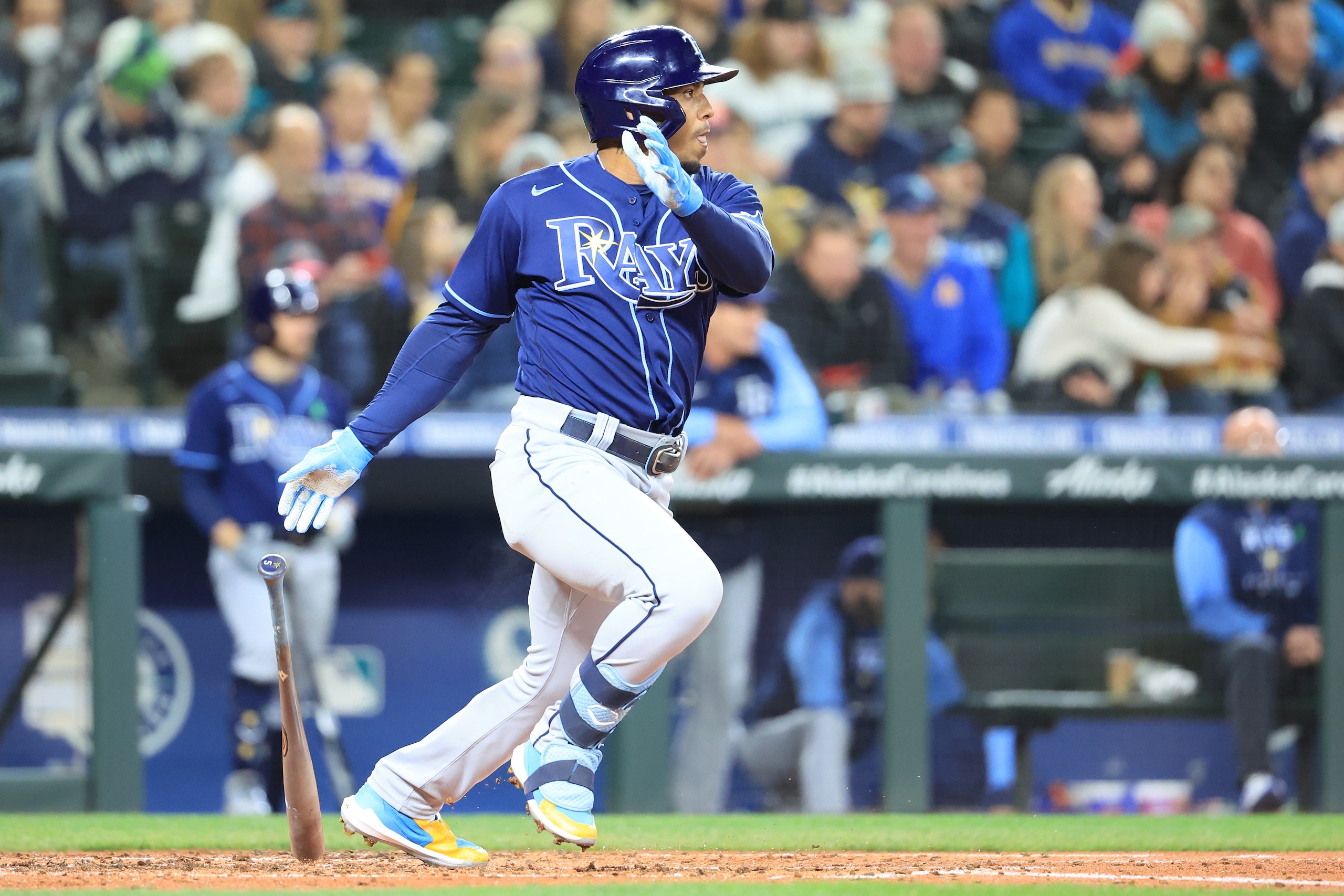 SEATTLE, WASHINGTON - MAY 06: Wander Franco #5 of the Tampa Bay Rays hits a RBI single against the Seattle Mariners during the second inning at T-Mobile Park on May 06, 2022 in Seattle, Washington. (Photo by Abbie Parr/Getty Images)