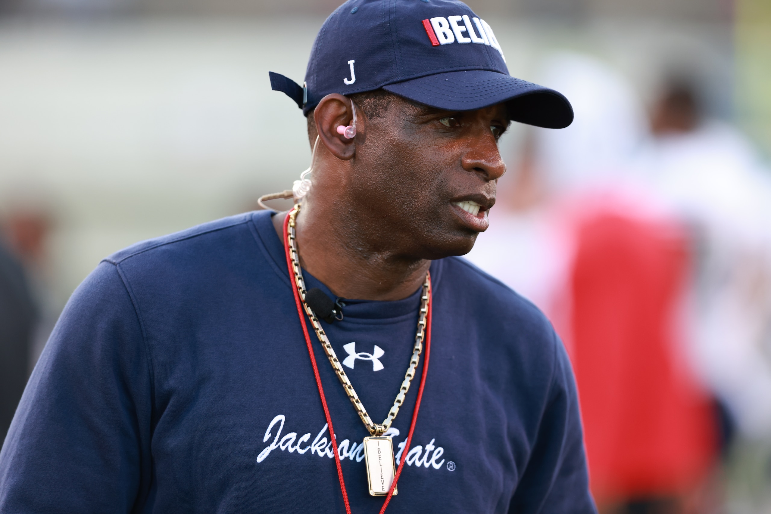 JSU football coach Deion "Prime" Sanders prepares his team for the start of the annual spring football game. (William H. Kelly/University Communications/Jackson State University via Getty Images)