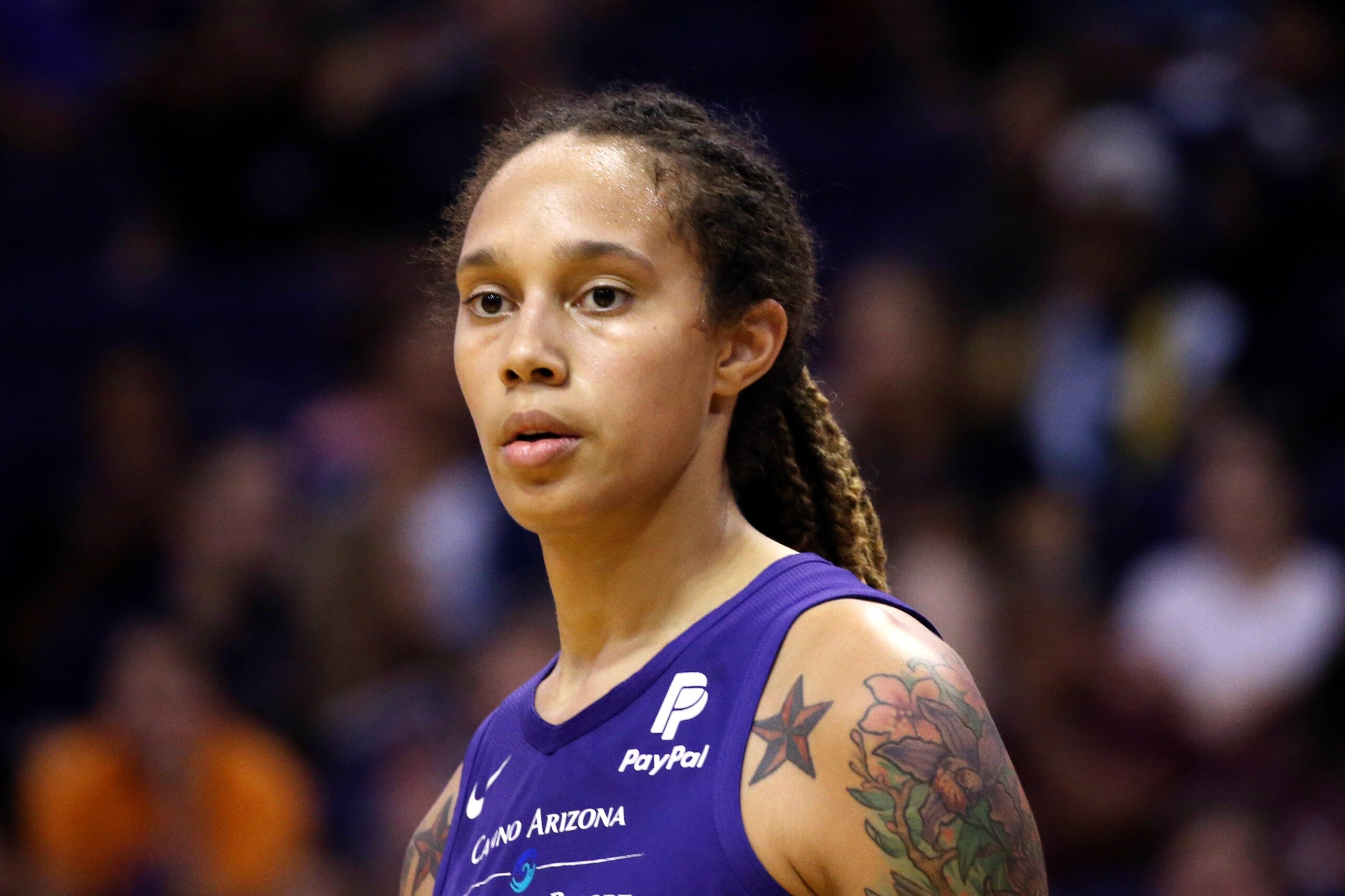 FILE - Phoenix Mercury center Brittney Griner pauses on the court during the second half of a WNBA basketball game against the Seattle Storm, Sept. 3, 2019, in Phoenix. The Biden administration has determined that Griner is being wrongfully detained in Russia, meaning the United States will more aggressively work to secure her release even as the legal case against her plays out, two U.S. officials said Tuesday, May 3, 2022. (AP Photo/Ross D. Franklin, File) FILE - Phoenix Mercury center Brittney Griner pauses on the court during the second half of a WNBA basketball game against the Seattle Storm, Sept. 3, 2019, in Phoenix. The Biden administration has determined that Griner is being wrongfully detained in Russia, meaning the United States will more aggressively work to secure her release even as the legal case against her plays out, two U.S. officials said Tuesday, May 3, 2022. (AP Photo/Ross D. Franklin, File)