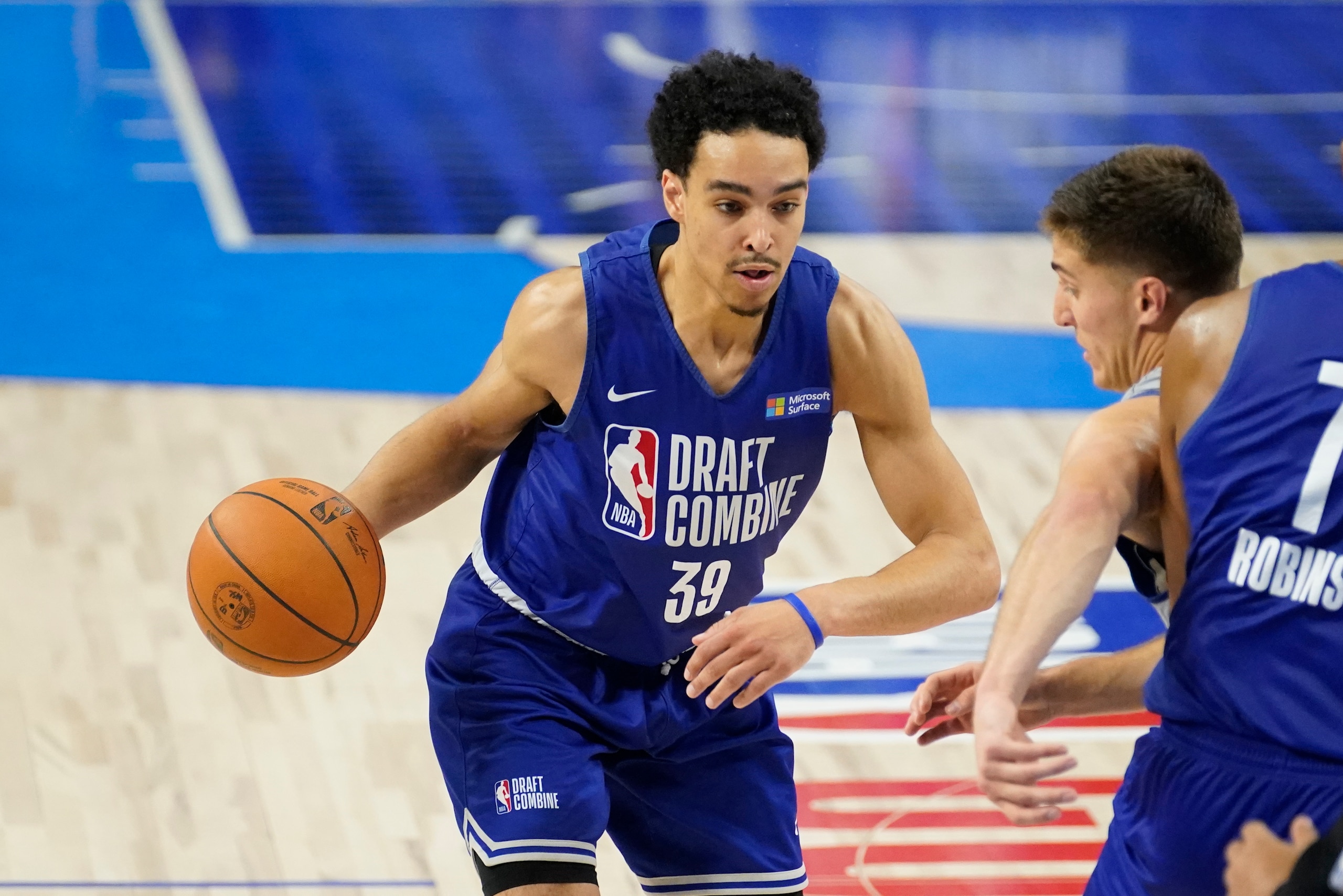 Andrew Nembhard participates in the NBA basketball draft combine at the Wintrust Arena Friday, May 20, 2022, in Chicago. (AP Photo/Charles Rex Arbogast)