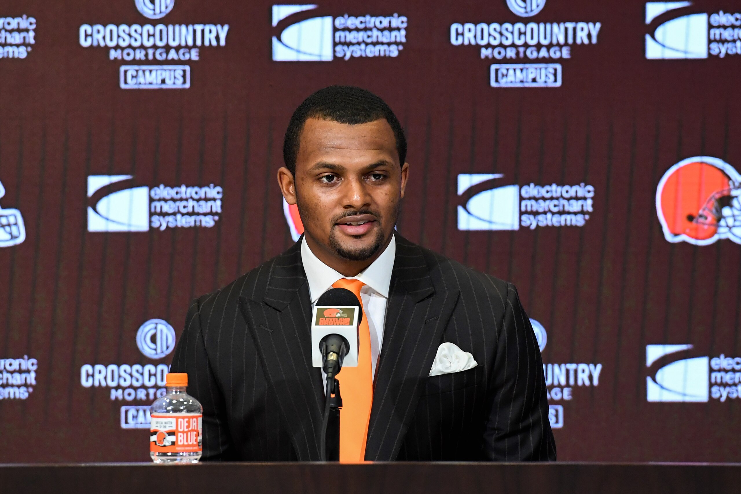 BEREA, OHIO - MARCH 25: Quarterback Deshaun Watson of the Cleveland Browns speaks during his press conference introducing him to the Cleveland Browns  at CrossCountry Mortgage Campus on March 25, 2022 in Berea, Ohio. (Photo by Nick Cammett/Getty Images)