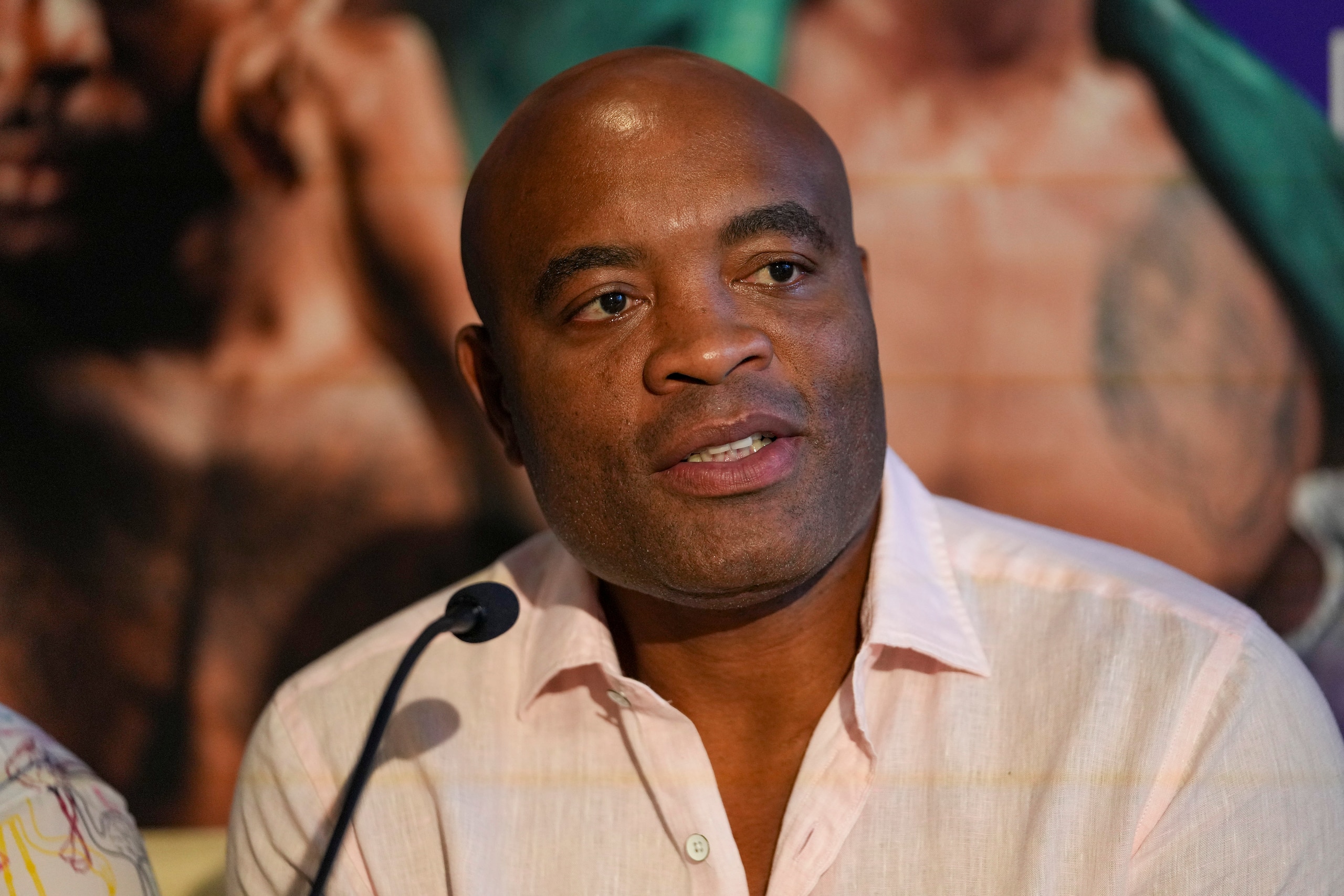 MIAMI, FLORIDA - APRIL 07: Anderson Silva answers questions from the media during a press conference at The Gabriel Miami Downtown on April 07, 2022 in Miami, Florida. Anderson Silva will fight against Bruno Machado at the Luxury Burj Al Arab Hotel in Dubai on May 14th. (Photo by Eric Espada/Getty Images)