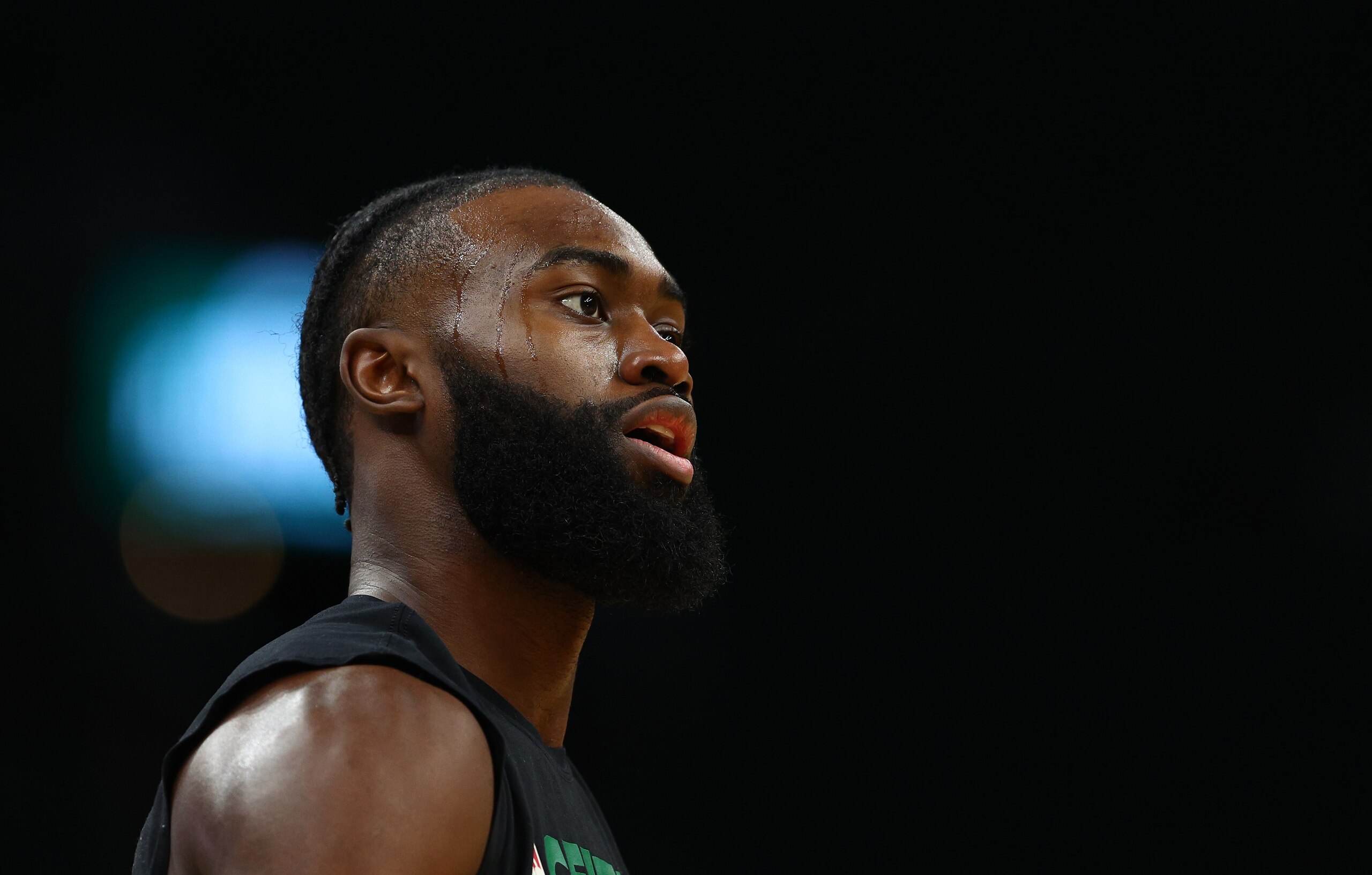 BOSTON, MASSACHUSETTS - MAY 21: Jaylen Brown #7 of the Boston Celtics warms up before Game Three of the 2022 NBA Playoffs Eastern Conference Finals against the Miami Heat at TD Garden on May 21, 2022 in Boston, Massachusetts. NOTE TO USER: User expressly acknowledges and agrees that, by downloading and/or using this photograph, User is consenting to the terms and conditions of the Getty Images License Agreement.  (Photo by Elsa/Getty Images)