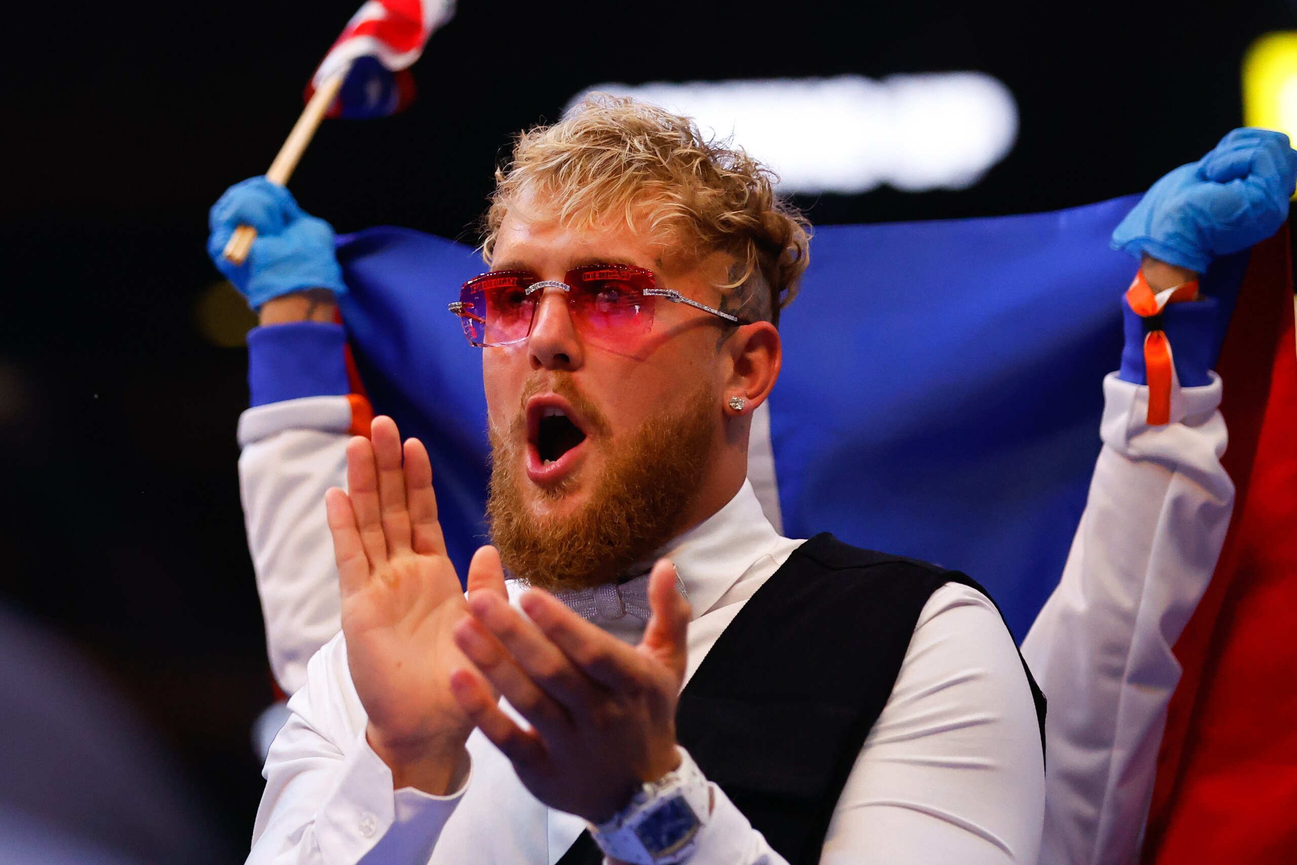 NEW YORK, NY - APRIL 30: Jake Paul in the ring prior to the Katie Taylor of Ireland(not pictured) and Amanda Serrano of Puerto Rico(not pictured) fight for the Undisputed World Lightweight Championship on April 30, 2022 at Madison Square Garden In New York, New York. (Photo by Rich Graessle/Icon Sportswire via Getty Images) NEW YORK, NY - APRIL 30: Jake Paul in the ring prior to the Katie Taylor of Ireland(not pictured) and Amanda Serrano of Puerto Rico(not pictured) fight for the Undisputed World Lightweight Championship on April 30, 2022 at Madison Square Garden In New York, New York. (Photo by Rich Graessle/Icon Sportswire via Getty Images)