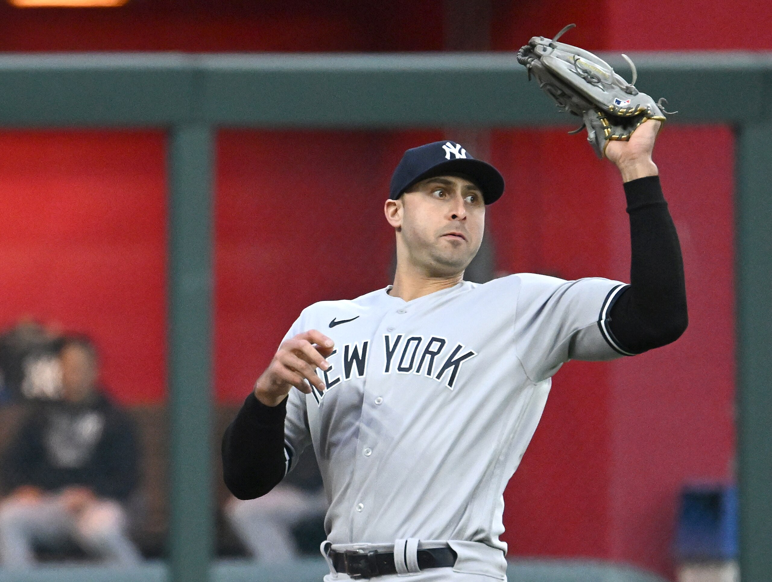 KANSAS CITY, MO - APRIL 30: New York Yankees left fielder Joey Gallo (13) catches a fly ball for an out during a MLB game between the New York Yankees and the Kansas City Royals on April 30, 2022, at Kauffman Stadium, Kansas City, MO. (Photo by Keith Gillett/Icon Sportswire via Getty Images), KANSAS CITY, MO - APRIL 30: New York Yankees left fielder Joey Gallo (13) catches a fly ball for an out during a MLB game between the New York Yankees and the Kansas City Royals on April 30, 2022, at Kauffman Stadium, Kansas City, MO. (Photo by Keith Gillett/Icon Sportswire via Getty Images),