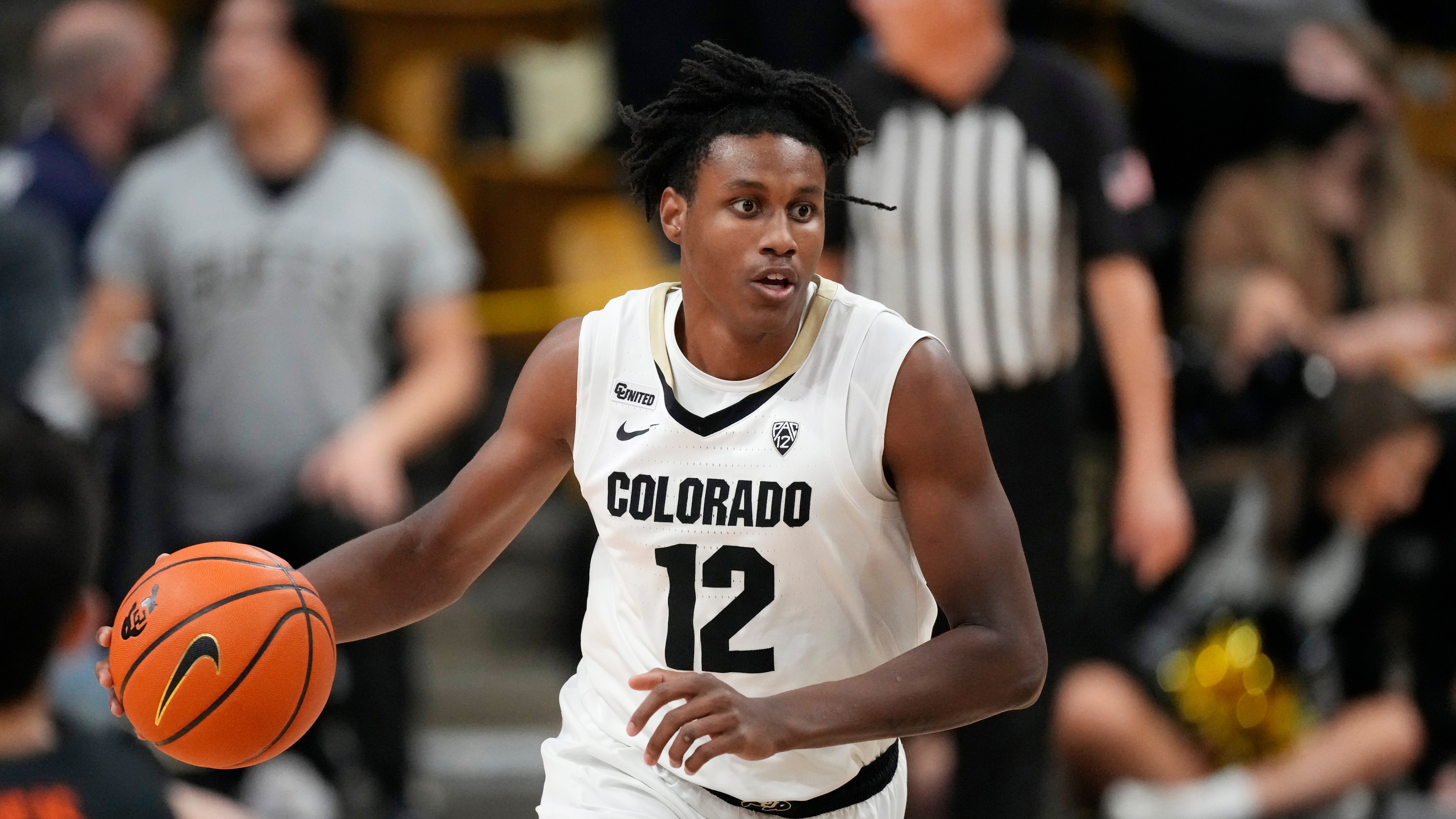 Colorado forward Jabari Walker (12) in the second half of an NCAA college basketball game Saturday, Feb. 5, 2022, in Boulder, Colo. Colorado won 86-63. (AP Photo/David Zalubowski)