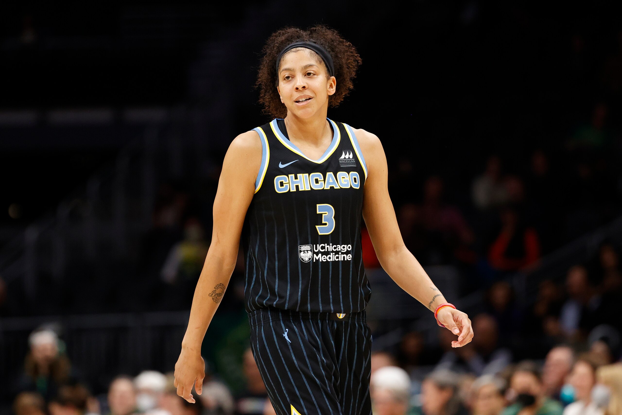SEATTLE, WASHINGTON - MAY 18: Candace Parker #3 of the Chicago Sky looks on against the Seattle Storm during the first half at Climate Pledge Arena on May 18, 2022 in Seattle, Washington. NOTE TO USER: User expressly acknowledges and agrees that, by downloading and or using this photograph, User is consenting to the terms and conditions of the Getty Images License Agreement. (Photo by Steph Chambers/Getty Images)