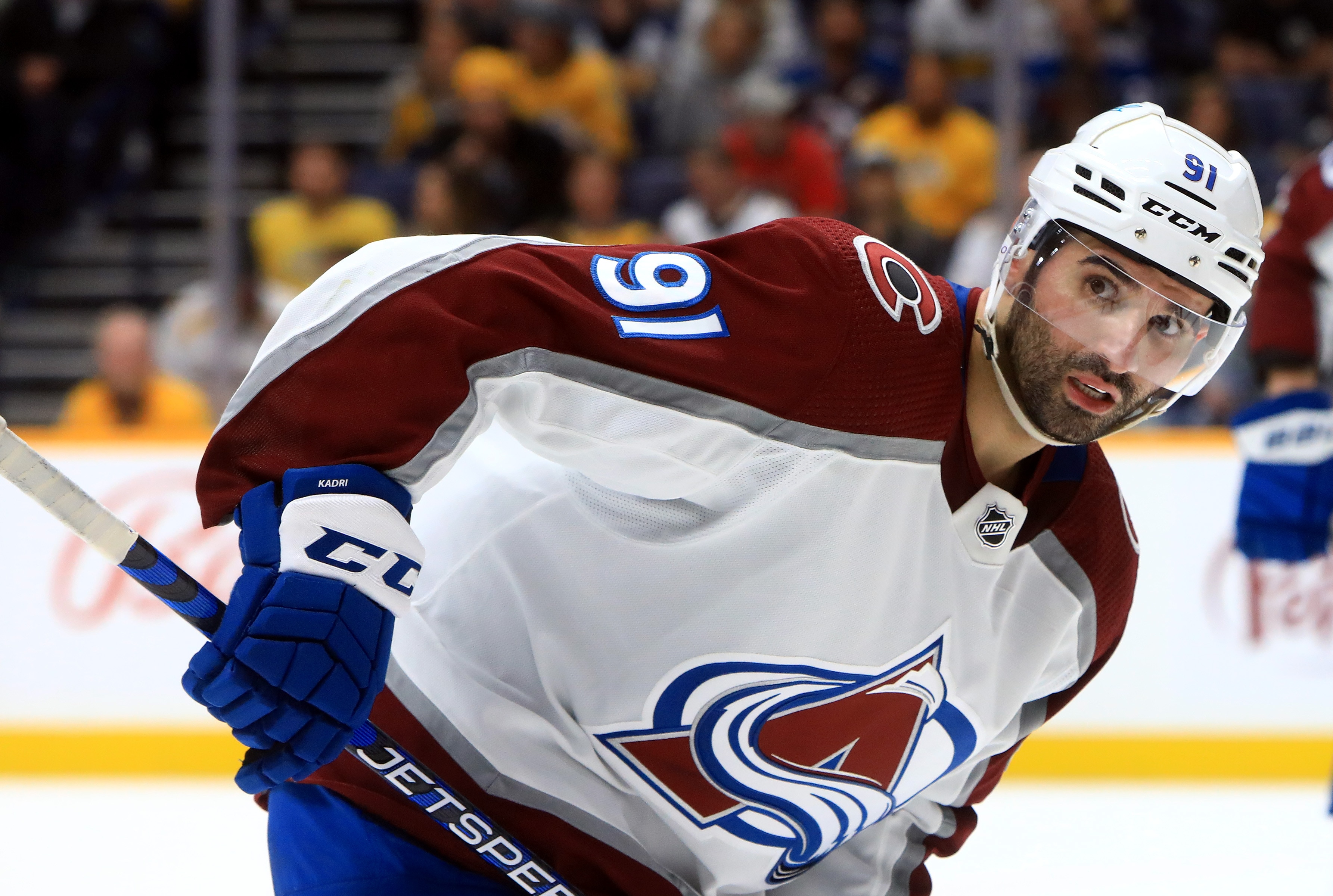NASHVILLE, TN - MAY 09: Colorado Avalanche center Nazem Kadri (91) is shown during Game 4 of the first round of the Stanley Cup Playoffs between the Nashville Predators and Colorado Avalanche, held on May 9, 2022, at Bridgestone Arena in Nashville, Tennessee. (Photo by Danny Murphy/Icon Sportswire via Getty Images) NASHVILLE, TN - MAY 09: Colorado Avalanche center Nazem Kadri (91) is shown during Game 4 of the first round of the Stanley Cup Playoffs between the Nashville Predators and Colorado Avalanche, held on May 9, 2022, at Bridgestone Arena in Nashville, Tennessee. (Photo by Danny Murphy/Icon Sportswire via Getty Images)