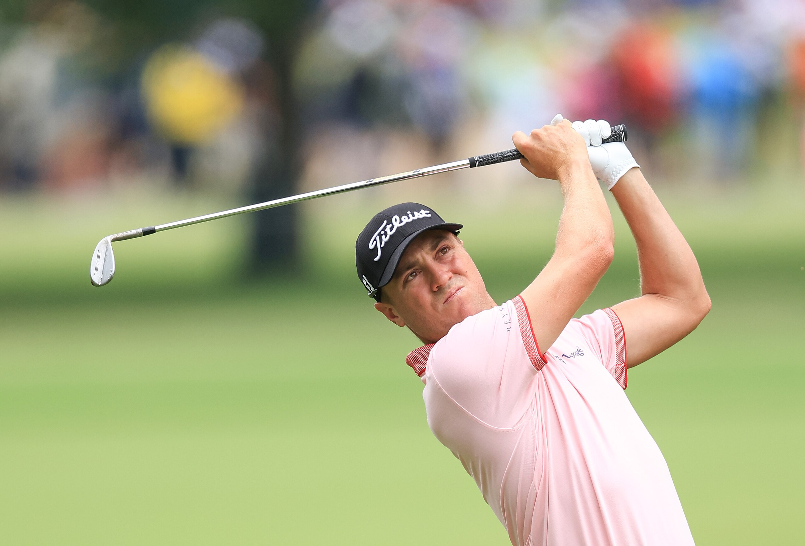 TULSA, OKLAHOMA - MAY 22: Justin Thomas of The United States plays his second shot on the second hole during the final round of the 2022 PGA Championship at Southern Hills Country Club on May 22, 2022 in Tulsa, Oklahoma. (Photo by David Cannon/Getty Images)
