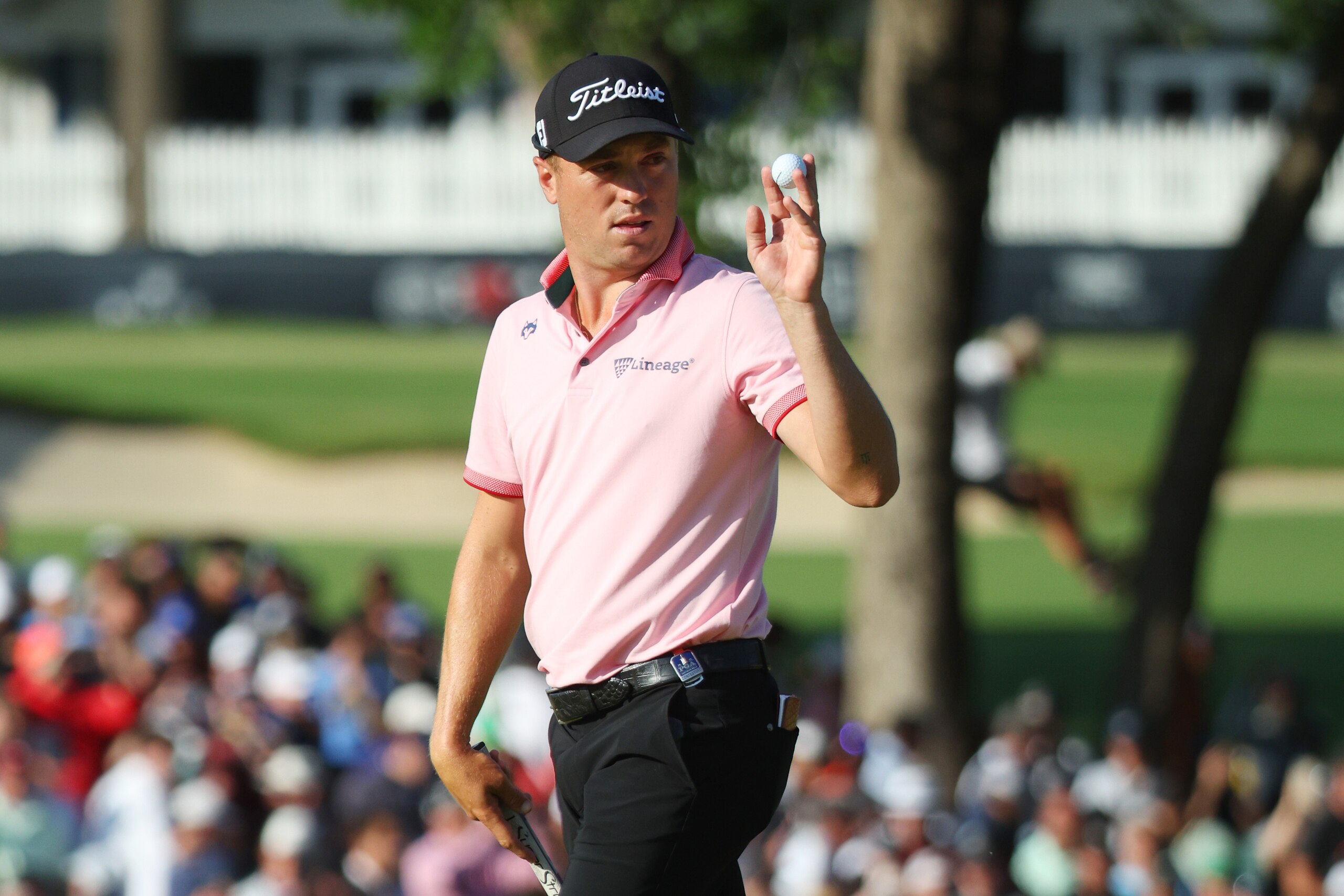 TULSA, OKLAHOMA - MAY 22: Justin Thomas of the United States reacts to his birdie putt on the 17th green, the second playoff hole during the final round of the 2022 PGA Championship at Southern Hills Country Club on May 22, 2022 in Tulsa, Oklahoma. (Photo by Andrew Redington/Getty Images)