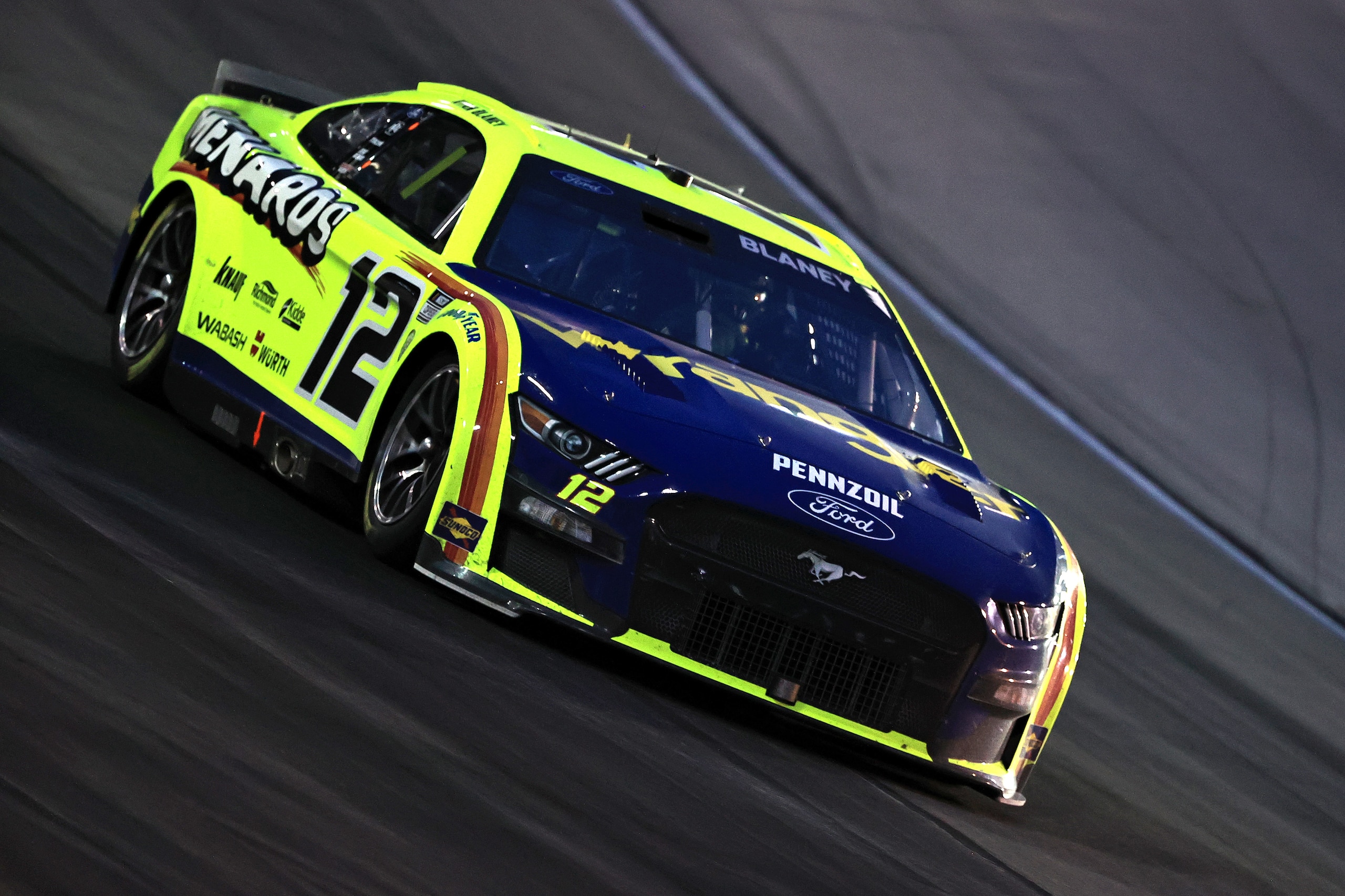 FORT WORTH, TEXAS - MAY 22: Ryan Blaney, driver of the #12 Menards/Wrangler Ford, drives during the NASCAR Cup Series All-Star Race at Texas Motor Speedway on May 22, 2022 in Fort Worth, Texas. (Photo by Buda Mendes/Getty Images)