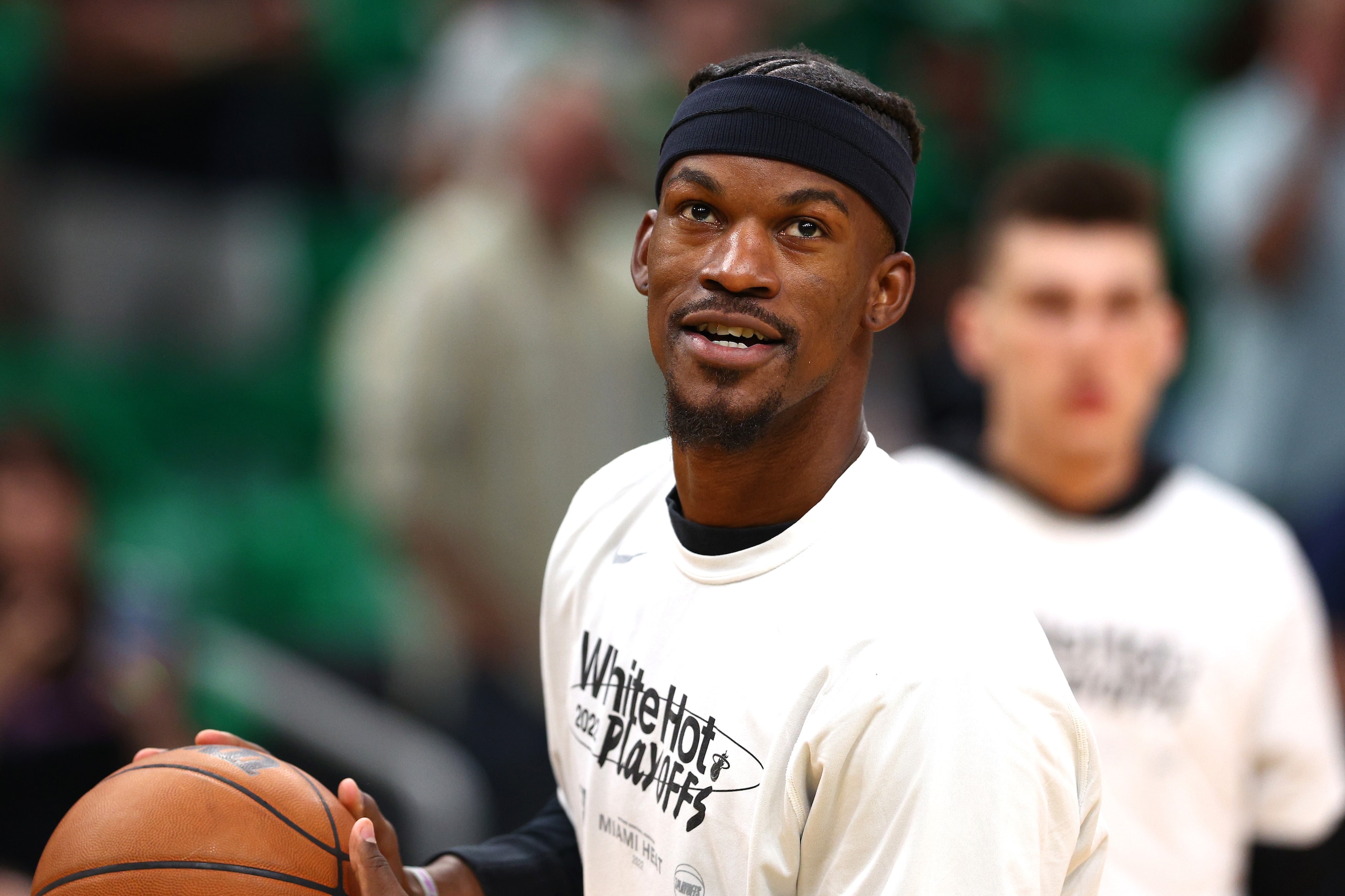 BOSTON, MASSACHUSETTS - MAY 21: Jimmy Butler #22 of the Miami Heat warms up before Game Three of the 2022 NBA Playoffs Eastern Conference Finals against the Boston Celtics at TD Garden on May 21, 2022 in Boston, Massachusetts. NOTE TO USER: User expressly acknowledges and agrees that, by downloading and/or using this photograph, User is consenting to the terms and conditions of the Getty Images License Agreement. (Photo by Elsa/Getty Images) BOSTON, MASSACHUSETTS - MAY 21: Jimmy Butler #22 of the Miami Heat warms up before Game Three of the 2022 NBA Playoffs Eastern Conference Finals against the Boston Celtics at TD Garden on May 21, 2022 in Boston, Massachusetts. NOTE TO USER: User expressly acknowledges and agrees that, by downloading and/or using this photograph, User is consenting to the terms and conditions of the Getty Images License Agreement. (Photo by Elsa/Getty Images)