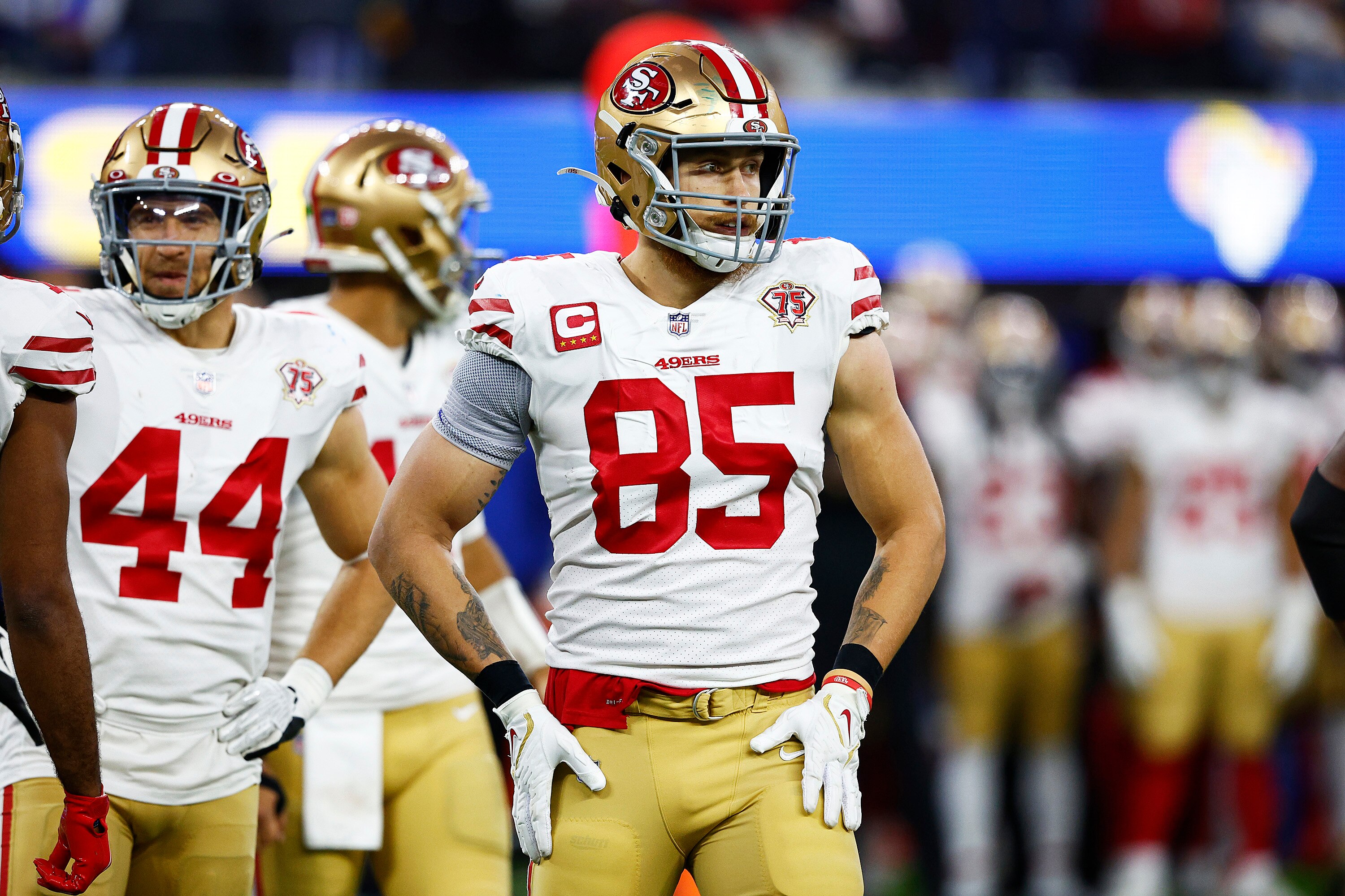INGLEWOOD, CALIFORNIA - JANUARY 30: George Kittle #85 of the San Francisco 49ers reacts during the game against the Los Angeles Rams in the NFC Championship Game at SoFi Stadium on January 30, 2022 in Inglewood, California. (Photo by Ronald Martinez/Getty Images)