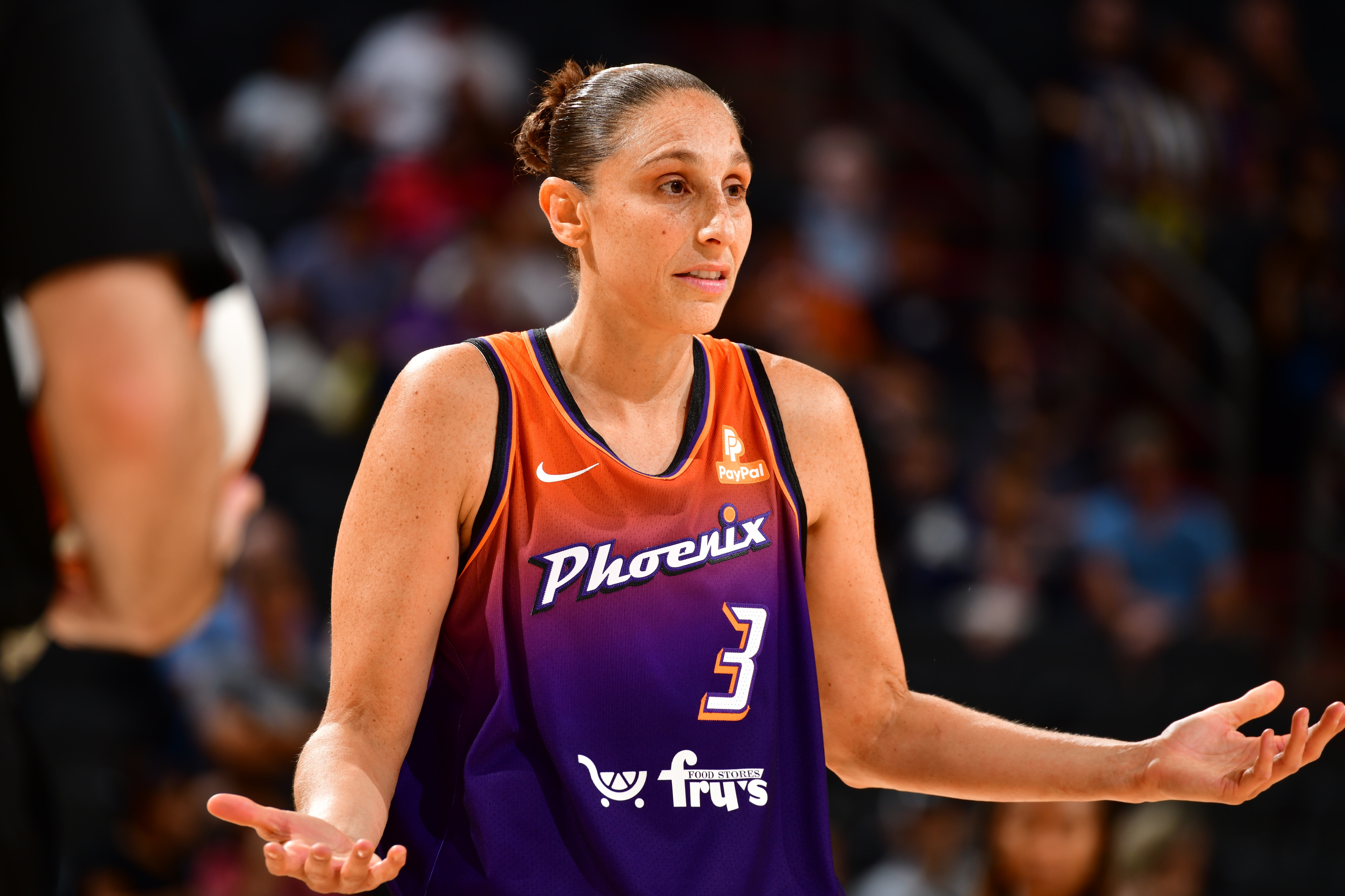 PHOENIX, AZ - MAY 19: Diana Taurasi #3 of the Phoenix Mercury looks on during the game against the Dallas Wings on May 19, 2022 at Footprint Center in Phoenix, Arizona. NOTE TO USER: User expressly acknowledges and agrees that, by downloading and or using this photograph, user is consenting to the terms and conditions of the Getty Images License Agreement. Mandatory Copyright Notice: Copyright 2022 NBAE (Photo by Barry Gossage/NBAE via Getty Images)