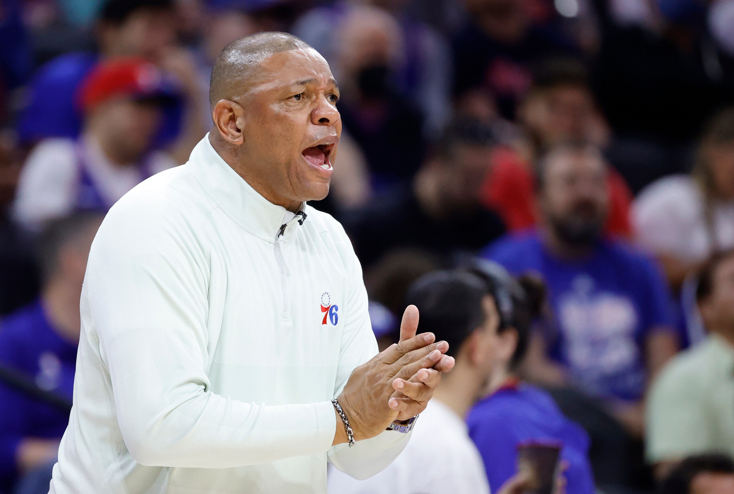 PHILADELPHIA, PENNSYLVANIA - MAY 12: Head coach Doc Rivers of the Philadelphia 76ers reacts during the second half against the Miami Heat in Game Six of the 2022 NBA Playoffs Eastern Conference Semifinals at Wells Fargo Center on May 12, 2022 in Philadelphia, Pennsylvania. NOTE TO USER: User expressly acknowledges and agrees that, by downloading and/or using this photograph, User is consenting to the terms and conditions of the Getty Images License Agreement. (Photo by Tim Nwachukwu/Getty Images)