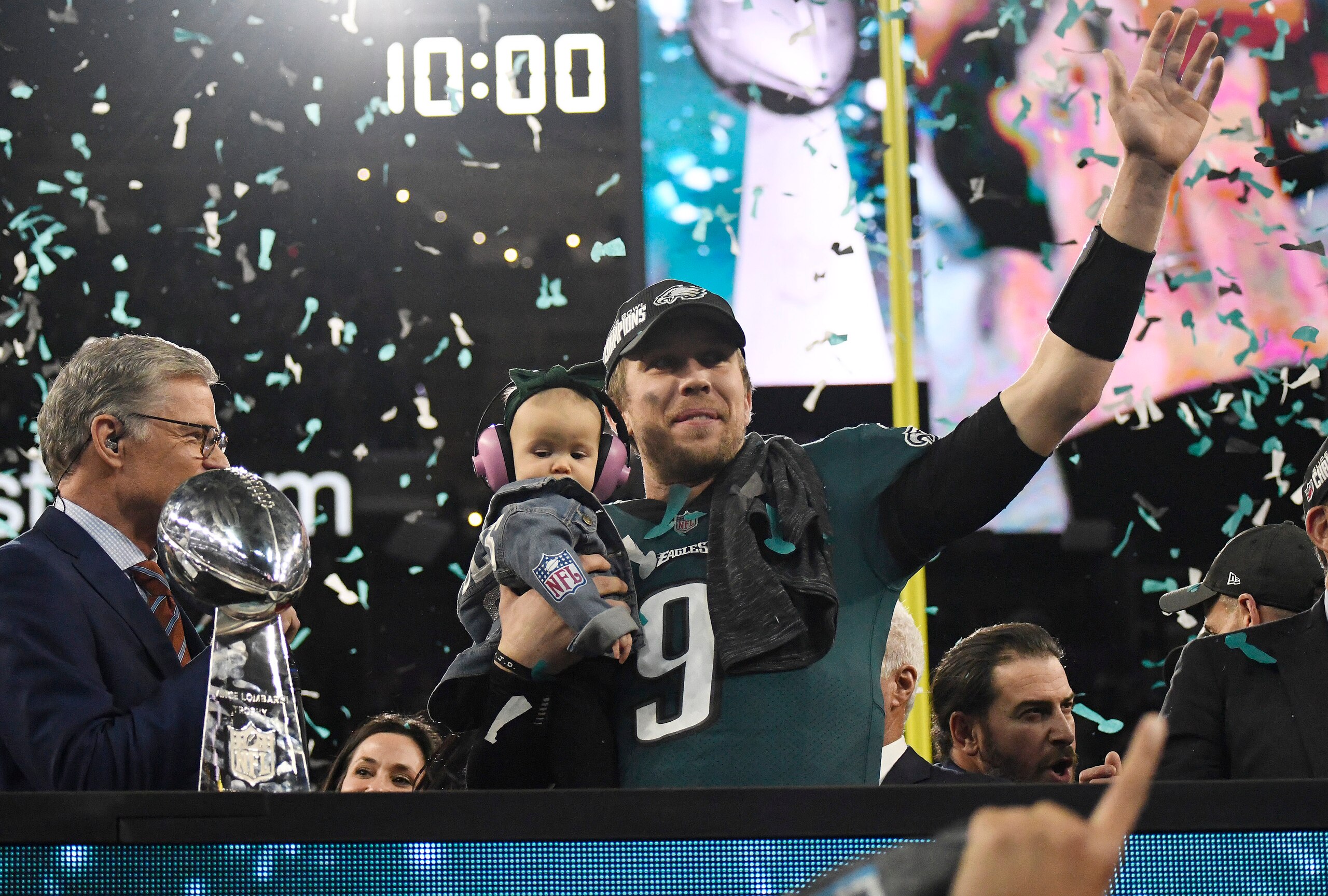 MINNEAPOLIS, MN - FEBRUARY 04: Nick Foles #9 of the Philadelphia Eagles celebrates with the Lombardi Trophy after the Eagles defeated the New England Patriots in Super Bowl LII at U.S. Bank Stadium on February 4, 2018 in Minneapolis, Minnesota. The Eagles defeated the Patriots 41-33. (Photo by Focus on Sport/Getty Images) *** Local Caption *** Nick Foles