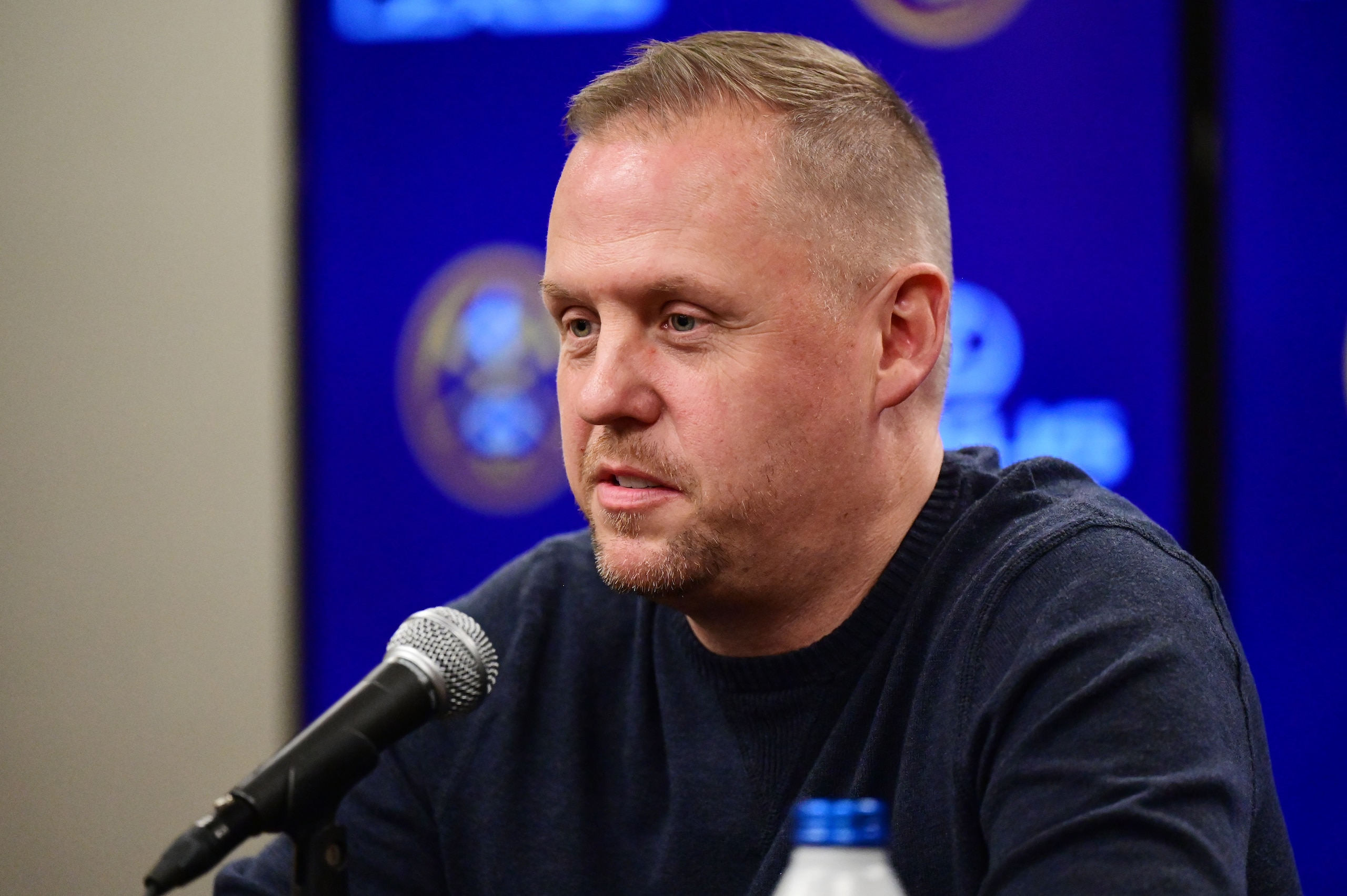 DENVER, CO - APRIL 29 : Tim Connelly, president of basketball operations of the Denver Nuggets, is in the press conference at Ball Arena in Denver, Colorado on Friday, April 29, 2022.(Photo by Hyoung Chang/MediaNews Group/The Denver Post via Getty Images)