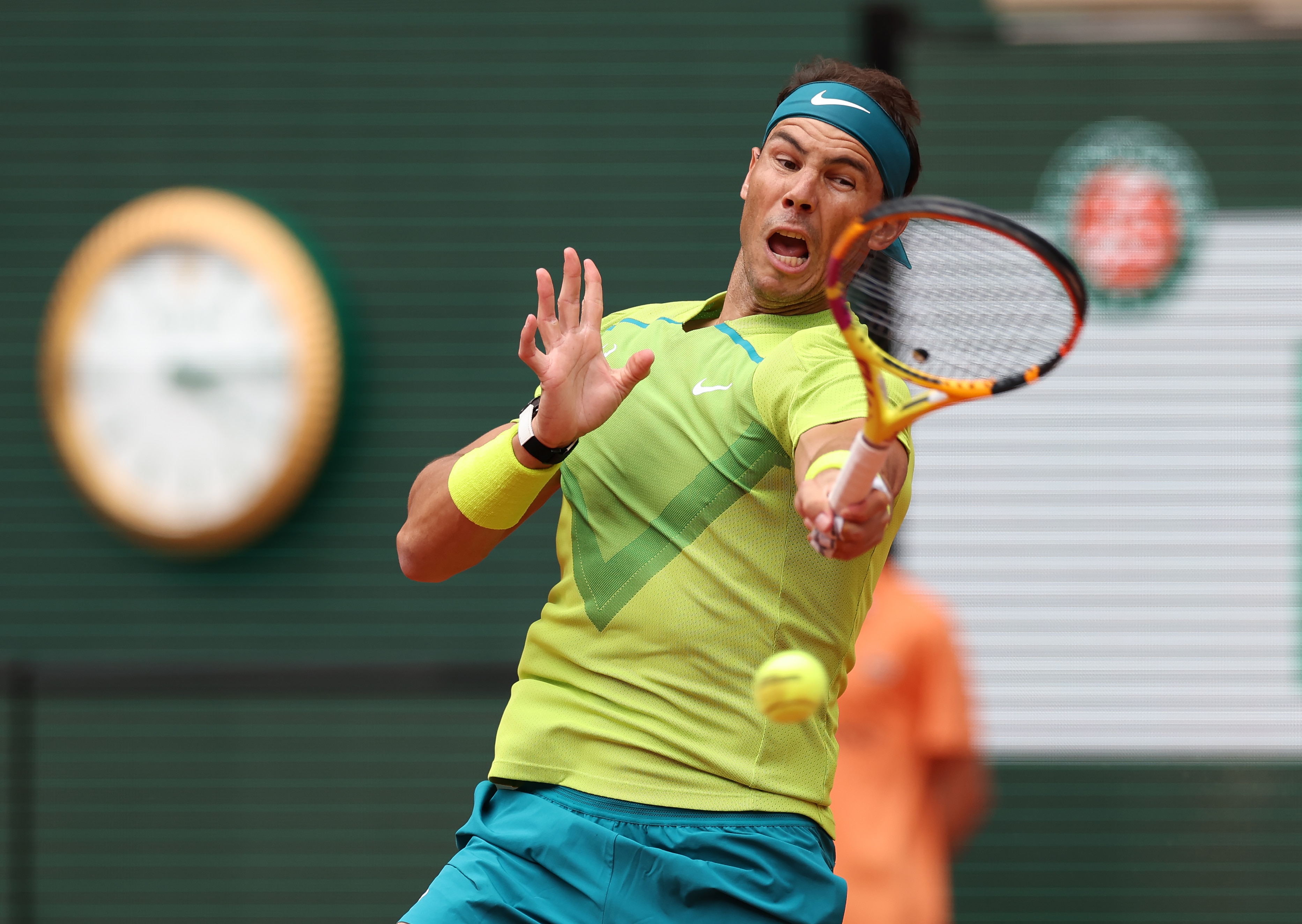 PARIS, FRANCE - MAY 23: Rafael Nadal of Spain is seen in action during his first round match against Jordan Thompson of Australia in the French Op at Roland Garros on May 23, 2022 in Paris, France. (Photo by Ian MacNicol/Getty Images)