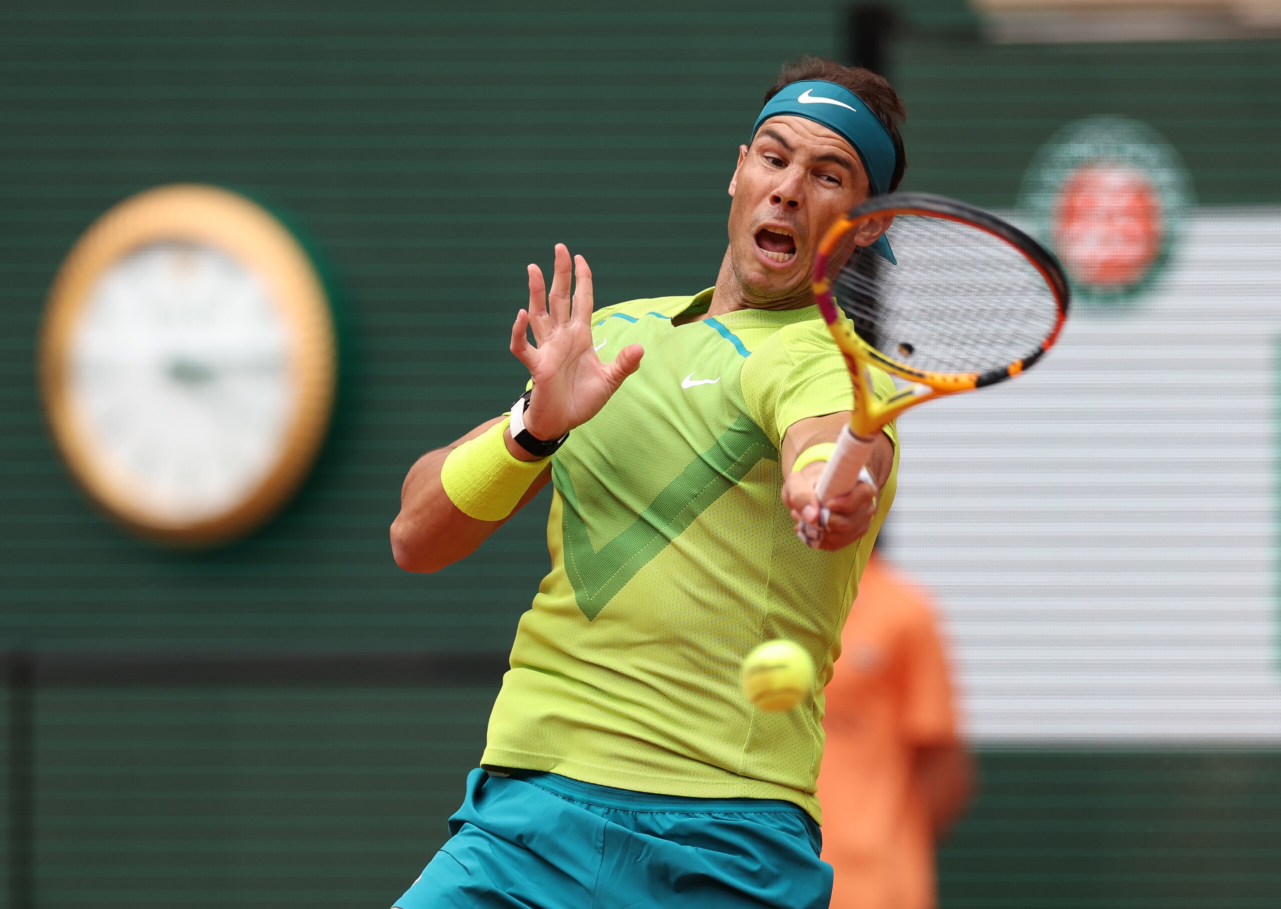 PARIS, FRANCE - MAY 23: Rafael Nadal of Spain is seen in action during his first round match against Jordan Thompson of Australia in the French Op at Roland Garros on May 23, 2022 in Paris, France. (Photo by Ian MacNicol/Getty Images)