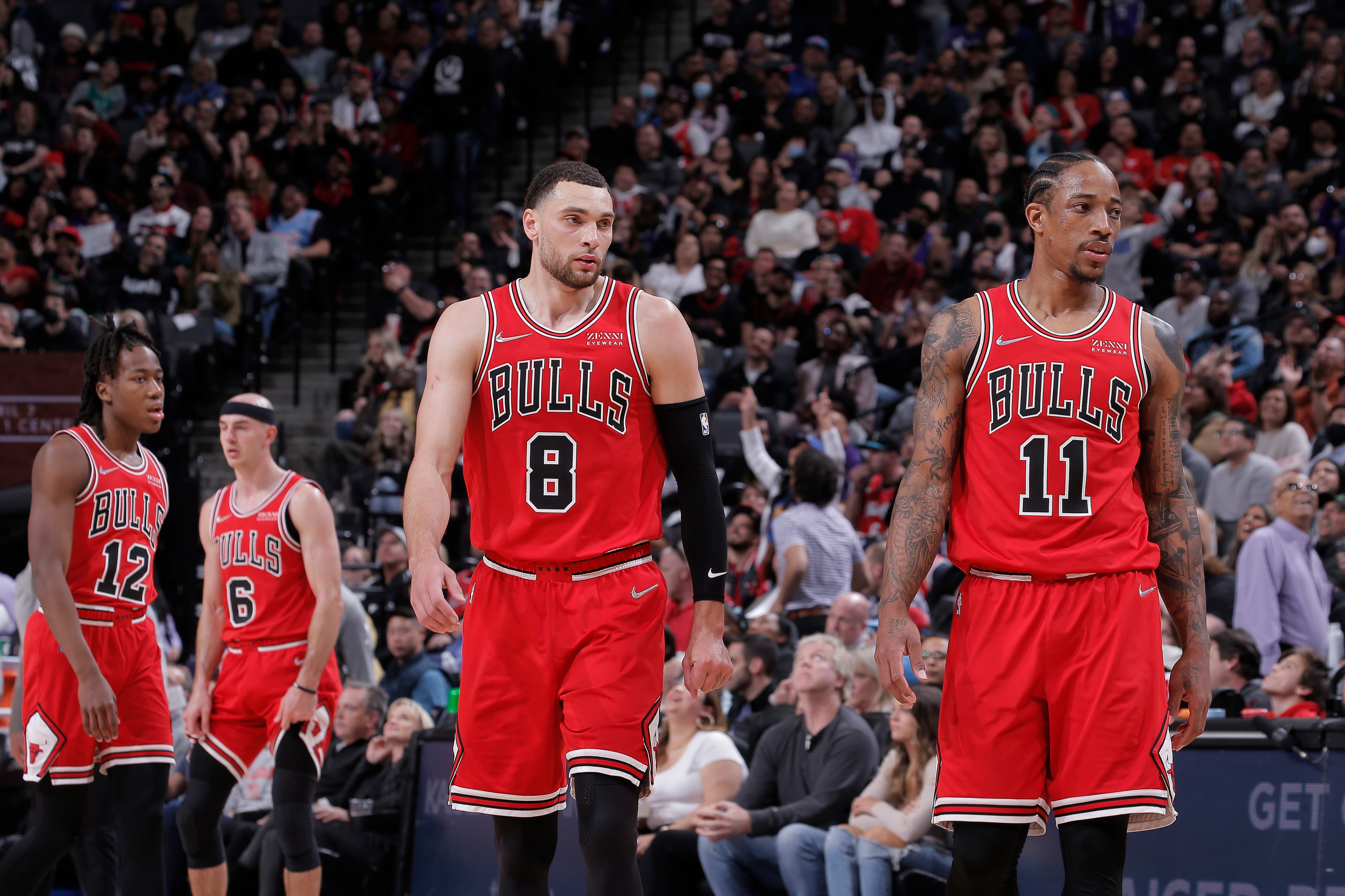SACRAMENTO, CA - MARCH 14: Zach Lavine #8 and DeMar Derozan #11 of the Chicago Bulls face the Sacramento Kings on March 14, 2022 at Golden 1 Center in Sacramento, California. NOTE TO USER: User expressly acknowledges and agrees that, by downloading and or using this photograph, User is consenting to the terms and conditions of the Getty Images Agreement. Mandatory Copyright Notice: Copyright 2022 NBAE (Photo by Rocky Widner/NBAE via Getty Images)