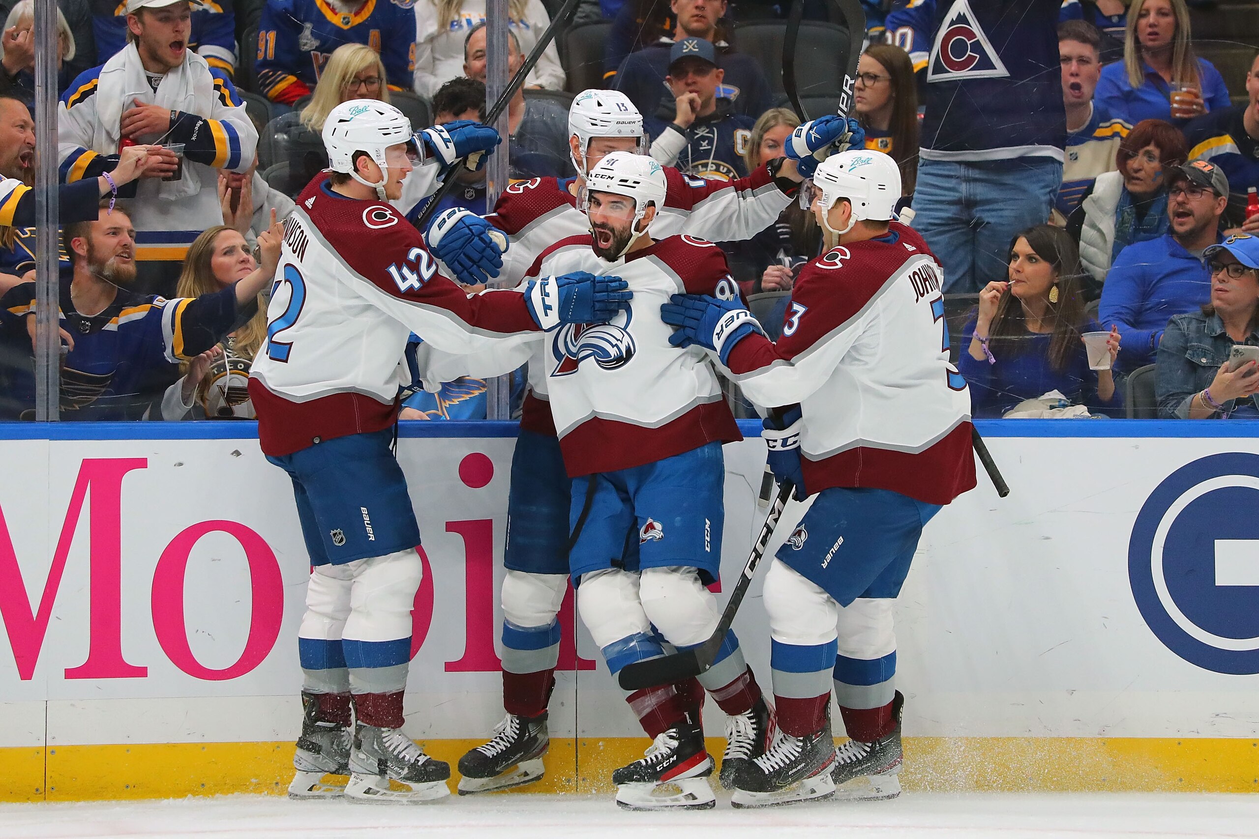 ST LOUIS, MO - MAY 23: Nazem Kadri #91 of the Colorado Avalanche celebrates after scoring a goal against the St. Louis Blues in the second period during Game Four of the Second Round of the 2022 Stanley Cup Playoffs at Enterprise Center on May 23, 2022 in St Louis, Missouri. (Photo by Dilip Vishwanat/Getty Images)