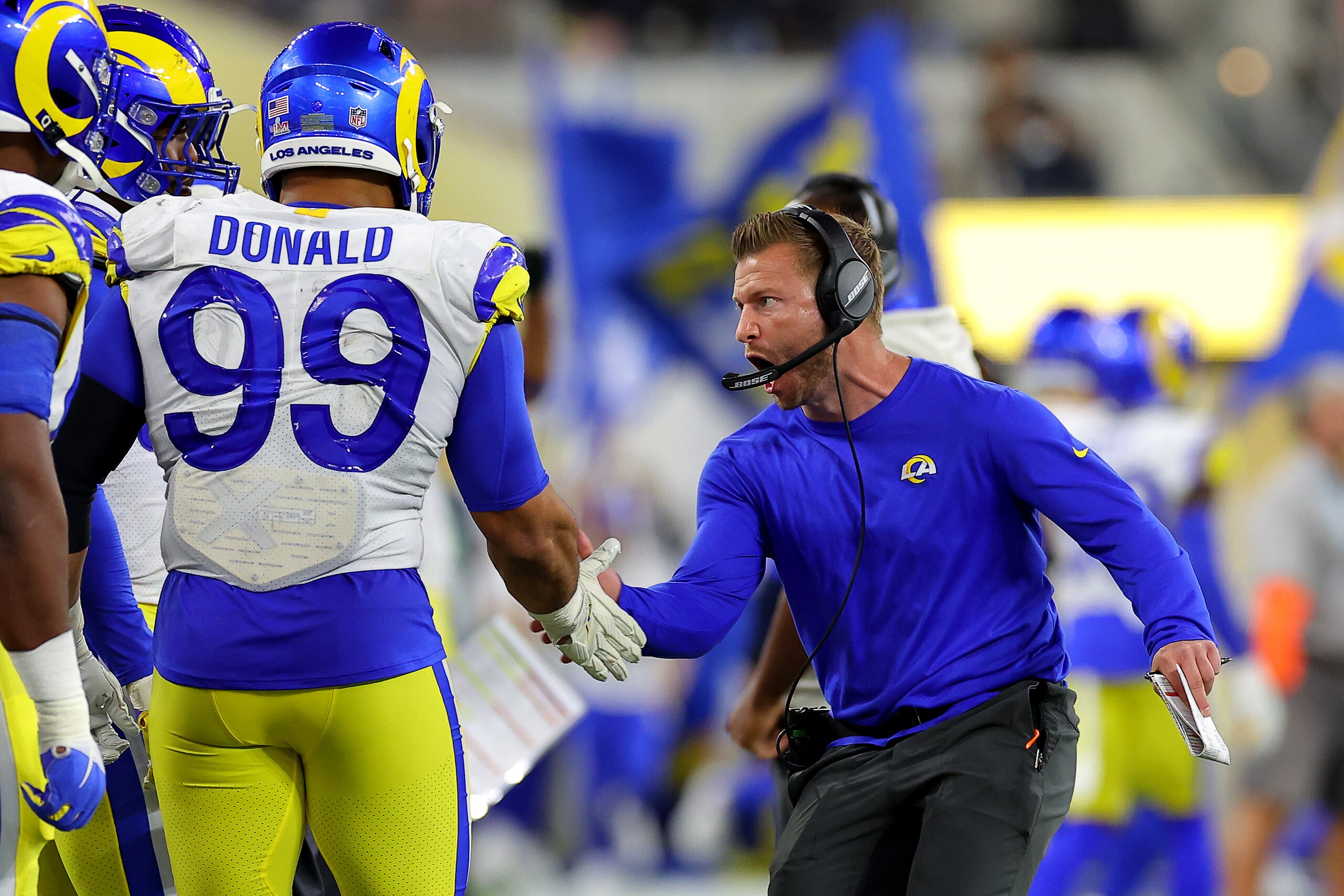 INGLEWOOD, CALIFORNIA - FEBRUARY 13: Head coach Sean McVay of the Los Angeles Rams reacts with Aaron Donald #99 during the second half of Super Bowl LVI at SoFi Stadium on February 13, 2022 in Inglewood, California. The Los Angeles Rams defeated the Cincinnati Bengals 23-20. (Photo by Kevin C. Cox/Getty Images) INGLEWOOD, CALIFORNIA - FEBRUARY 13: Head coach Sean McVay of the Los Angeles Rams reacts with Aaron Donald #99 during the second half of Super Bowl LVI at SoFi Stadium on February 13, 2022 in Inglewood, California. The Los Angeles Rams defeated the Cincinnati Bengals 23-20. (Photo by Kevin C. Cox/Getty Images)