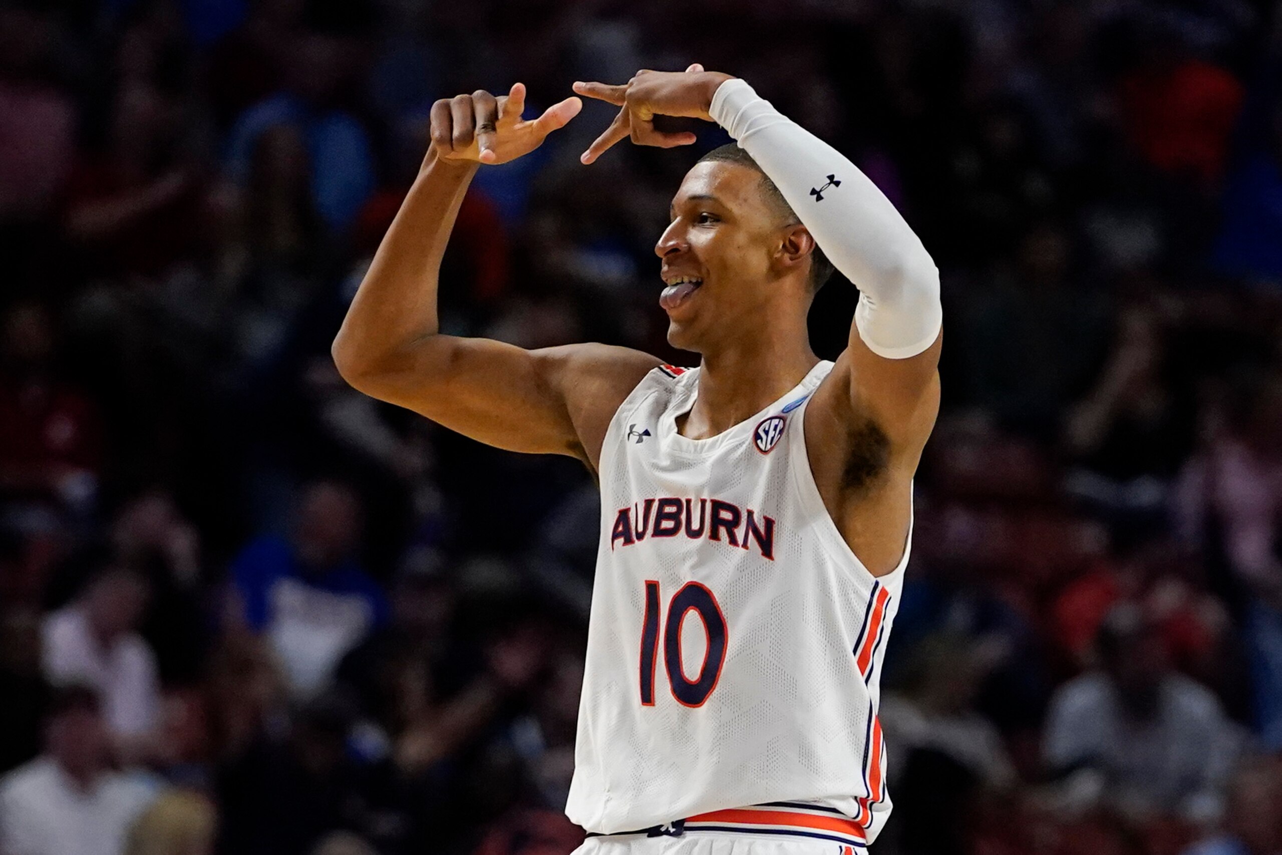 Auburn forward Jabari Smith celebrates after scoring during the second half of a college basketball game against Jacksonville State in the first round of the NCAA tournament on Friday, March 18, 2022, in Greenville, S.C. (AP Photo/Chris Carlson)