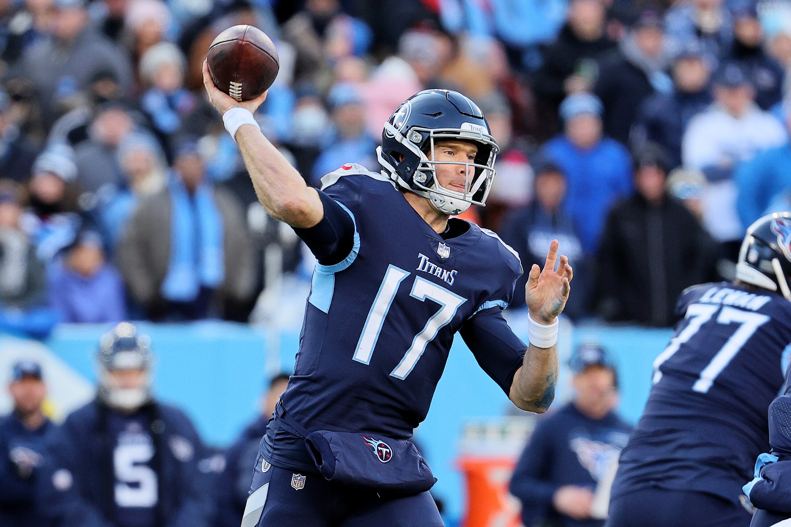 NASHVILLE, TENNESSEE - JANUARY 22: Quarterback Ryan Tannehill #17 of the Tennessee Titans throws a second quarter pass against the Cincinnati Bengals in the AFC Divisional Playoff game at Nissan Stadium on January 22, 2022 in Nashville, Tennessee. (Photo by Andy Lyons/Getty Images)