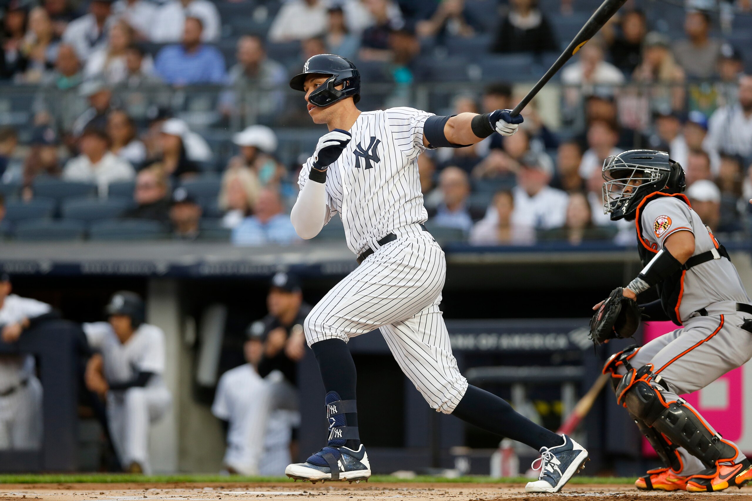 NEW YORK, NEW YORK - MAY 23:  Aaron Judge #99 of the New York Yankees follows through on his first inning home run against the Baltimore Orioles at Yankee Stadium on May 23, 2022 in New York City. (Photo by Jim McIsaac/Getty Images)