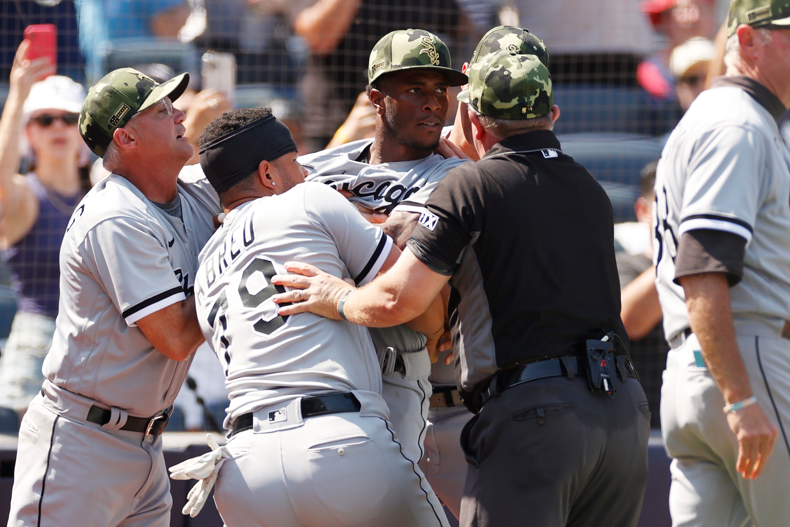 NEW YORK, NEW YORK - MAY 21: Jose Abreu #79 holds back Tim Anderson #7 of the Chicago White Sox after a benches-clearing dispute between Yasmani Grandal #24 of the Chicago White Sox and Josh Donaldson #28 of the New York Yankees during the fifth inning at Yankee Stadium on May 21, 2022 in the Bronx borough of New York City. (Photo by Sarah Stier/Getty Images) NEW YORK, NEW YORK - MAY 21: Jose Abreu #79 holds back Tim Anderson #7 of the Chicago White Sox after a benches-clearing dispute between Yasmani Grandal #24 of the Chicago White Sox and Josh Donaldson #28 of the New York Yankees during the fifth inning at Yankee Stadium on May 21, 2022 in the Bronx borough of New York City. (Photo by Sarah Stier/Getty Images)