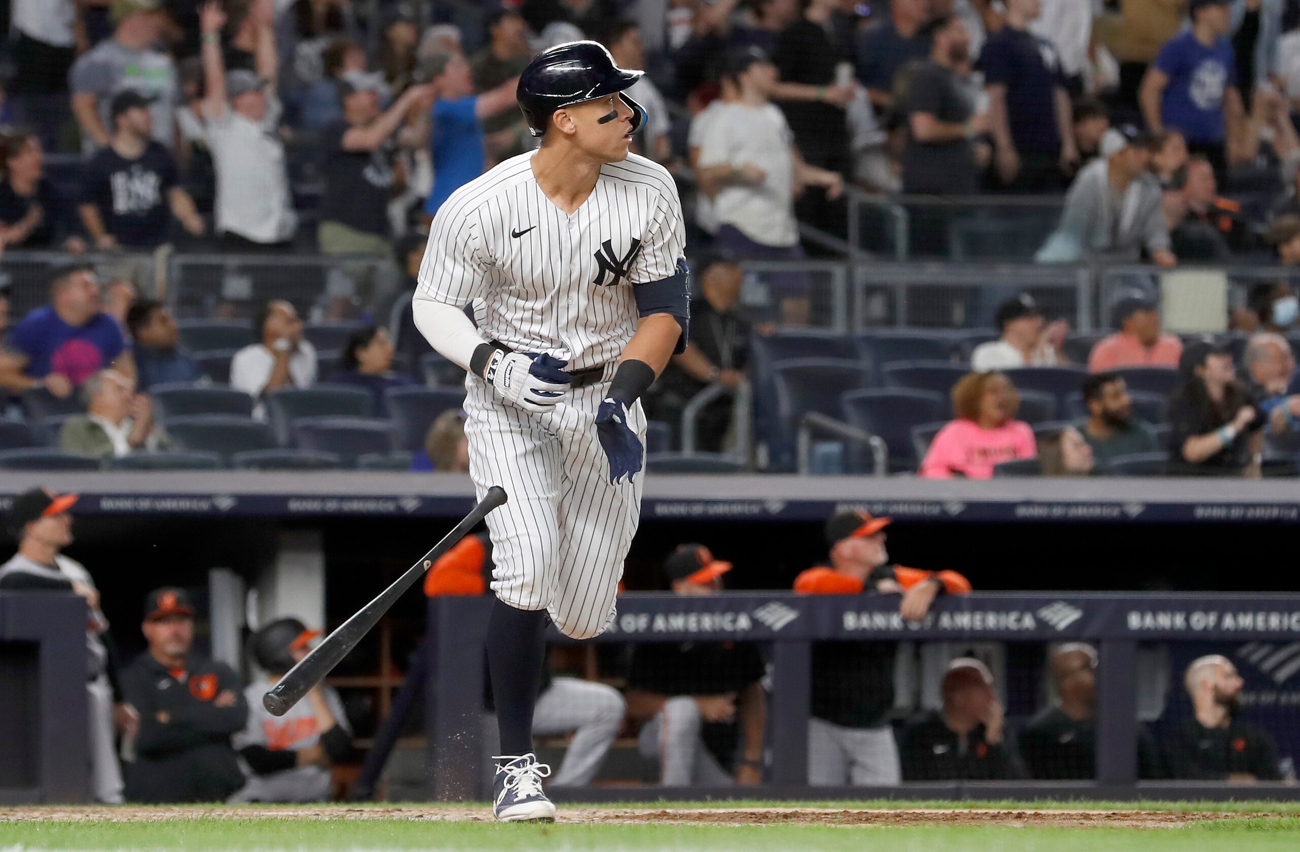 NEW YORK, NEW YORK - MAY 23:  Aaron Judge #99 of the New York Yankees follows through on his fifth inning two run home run against the Baltimore Orioles at Yankee Stadium on May 23, 2022 in New York City. (Photo by Jim McIsaac/Getty Images)