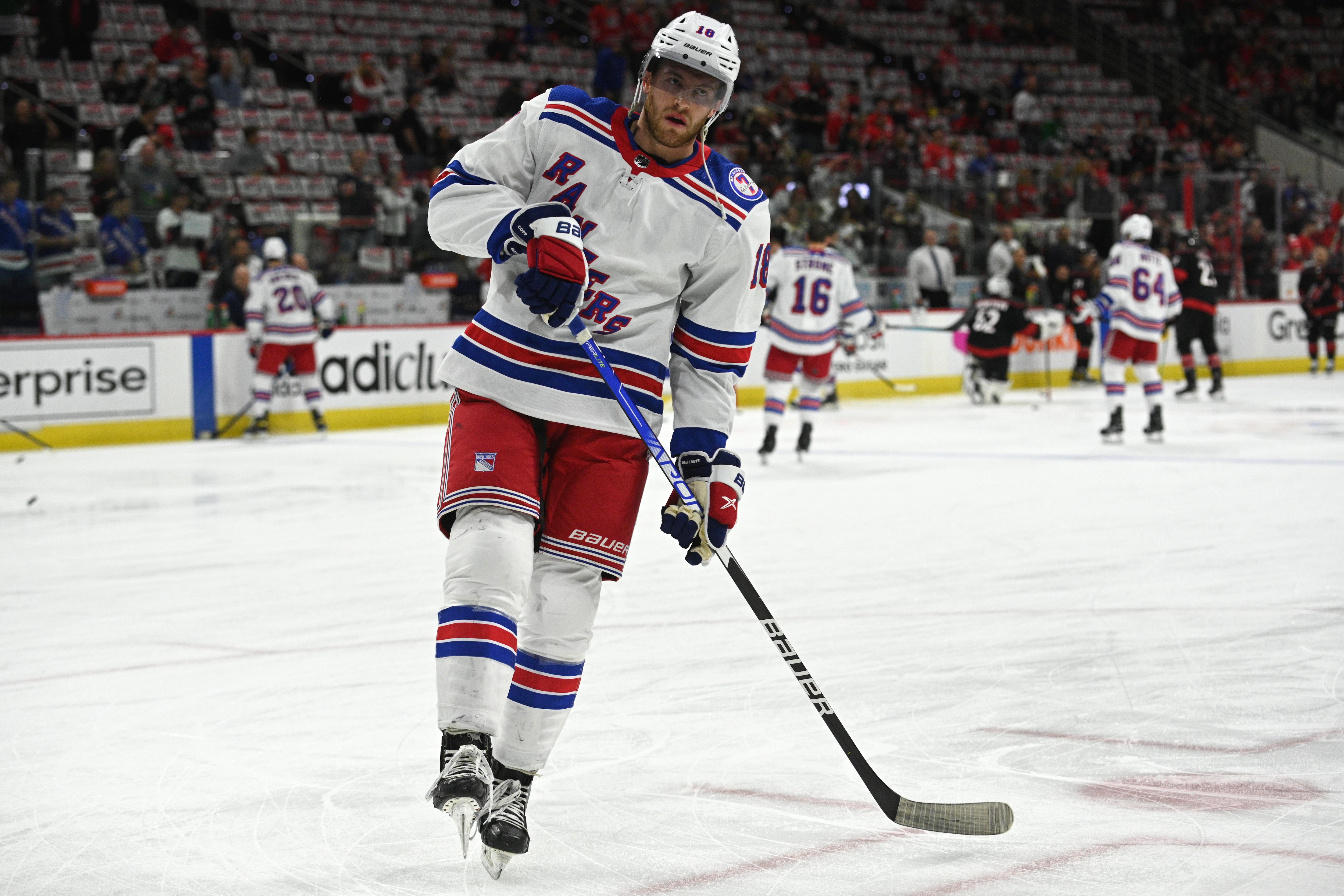 RALEIGH, NC - MAY 18: New York Rangers Center Andrew Copp (18) warms up prior to game 1 of the second round of the Stanley Cup Playoffs between the New York Rangers and the Carolina Hurricanes on May 18, 2022 at PNC Arena in Raleigh, North Carolina.(Photo by Katherine Gawlik/Icon Sportswire via Getty Images)