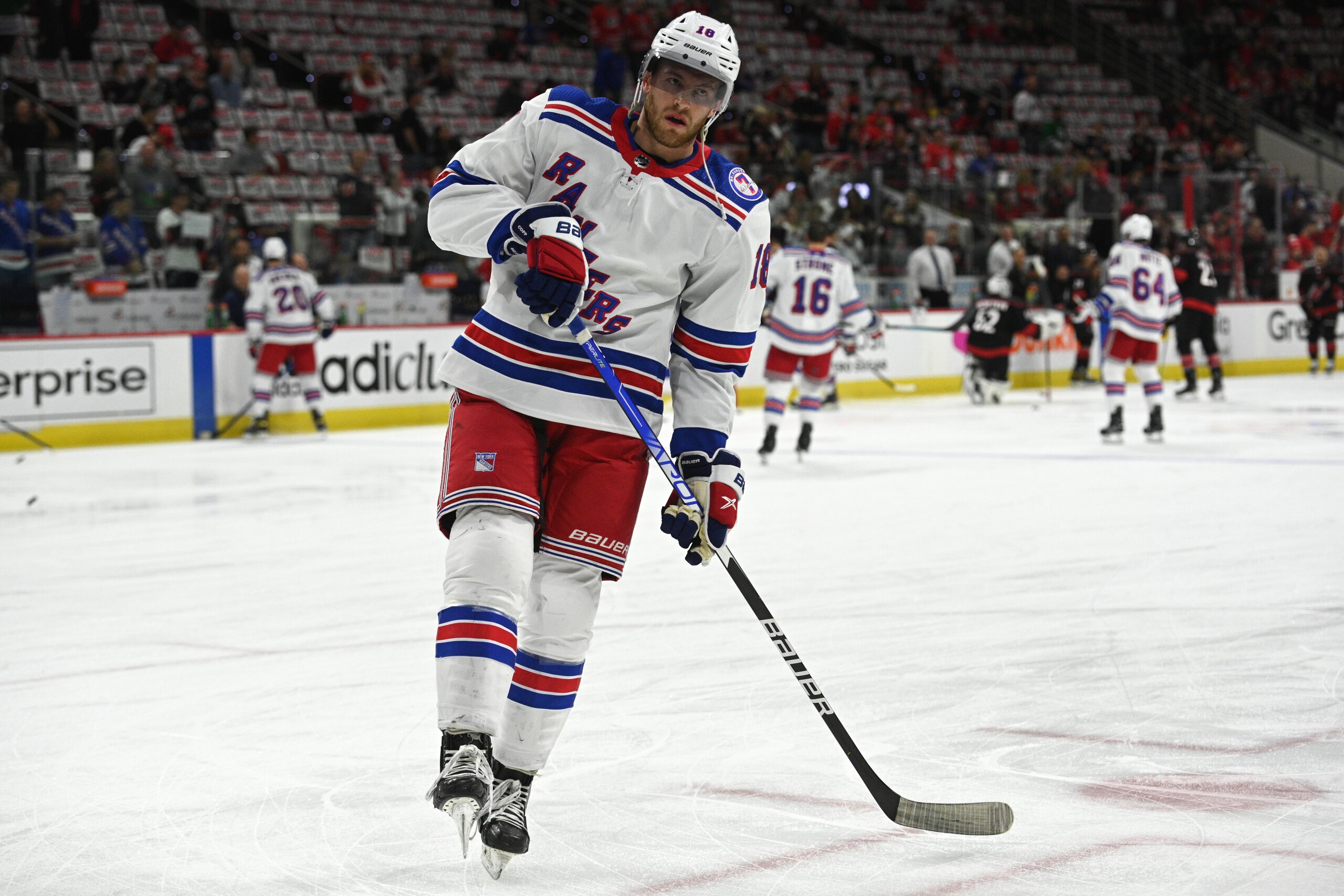 RALEIGH, NC - MAY 18: New York Rangers Center Andrew Copp (18) warms up prior to game 1 of the second round of the Stanley Cup Playoffs between the New York Rangers and the Carolina Hurricanes on May 18, 2022 at PNC Arena in Raleigh, North Carolina.(Photo by Katherine Gawlik/Icon Sportswire via Getty Images) RALEIGH, NC - MAY 18: New York Rangers Center Andrew Copp (18) warms up prior to game 1 of the second round of the Stanley Cup Playoffs between the New York Rangers and the Carolina Hurricanes on May 18, 2022 at PNC Arena in Raleigh, North Carolina.(Photo by Katherine Gawlik/Icon Sportswire via Getty Images)