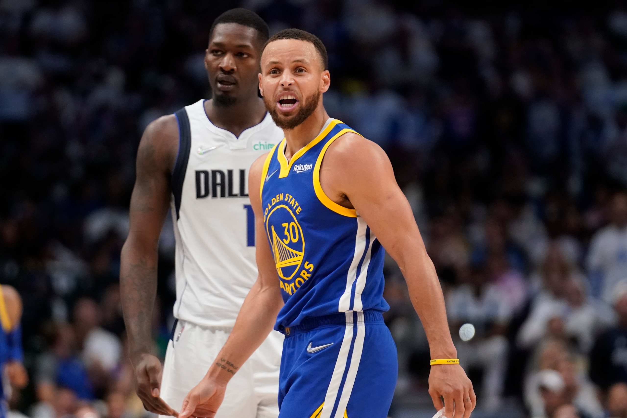 Golden State Warriors guard Stephen Curry yells at an official downcourt during the first half of Game 4 of the NBA basketball playoffs Western Conference finals against the Dallas Mavericks, Tuesday, May 24, 2022, in Dallas. (AP Photo/Tony Gutierrez) Golden State Warriors guard Stephen Curry yells at an official downcourt during the first half of Game 4 of the NBA basketball playoffs Western Conference finals against the Dallas Mavericks, Tuesday, May 24, 2022, in Dallas. (AP Photo/Tony Gutierrez)