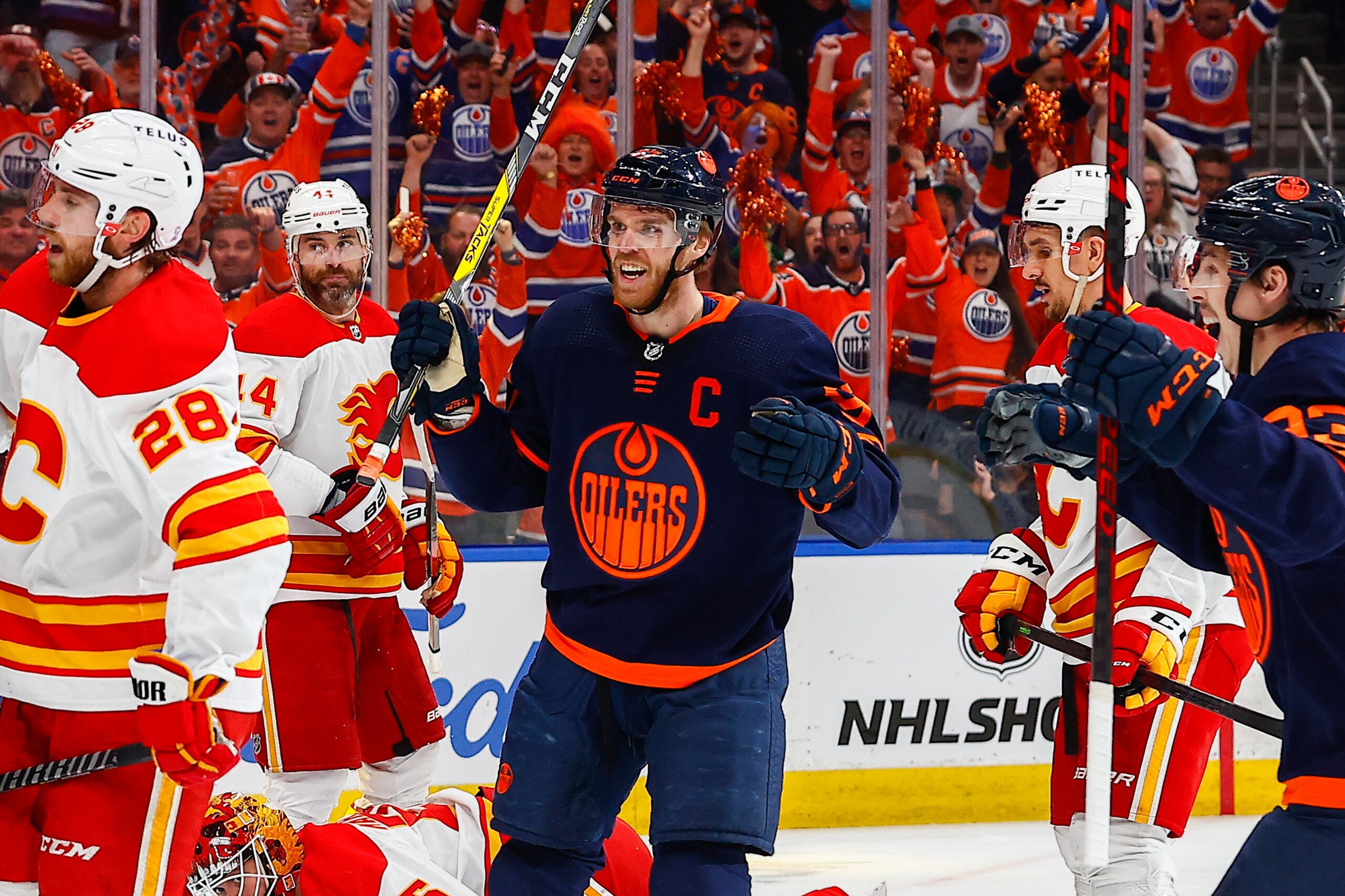 EDMONTON, AB - MAY 24: Edmonton Oilers Center Connor McDavid (97) celebrates a goal in the first period during the Edmonton Oilers versus the Calgary Flames in the Stanley Cup playoffs round 2, game 4 on May 24, 2022 at Rogers Place in Edmonton, AB. (Photo by Curtis Comeau/Icon Sportswire via Getty Images)