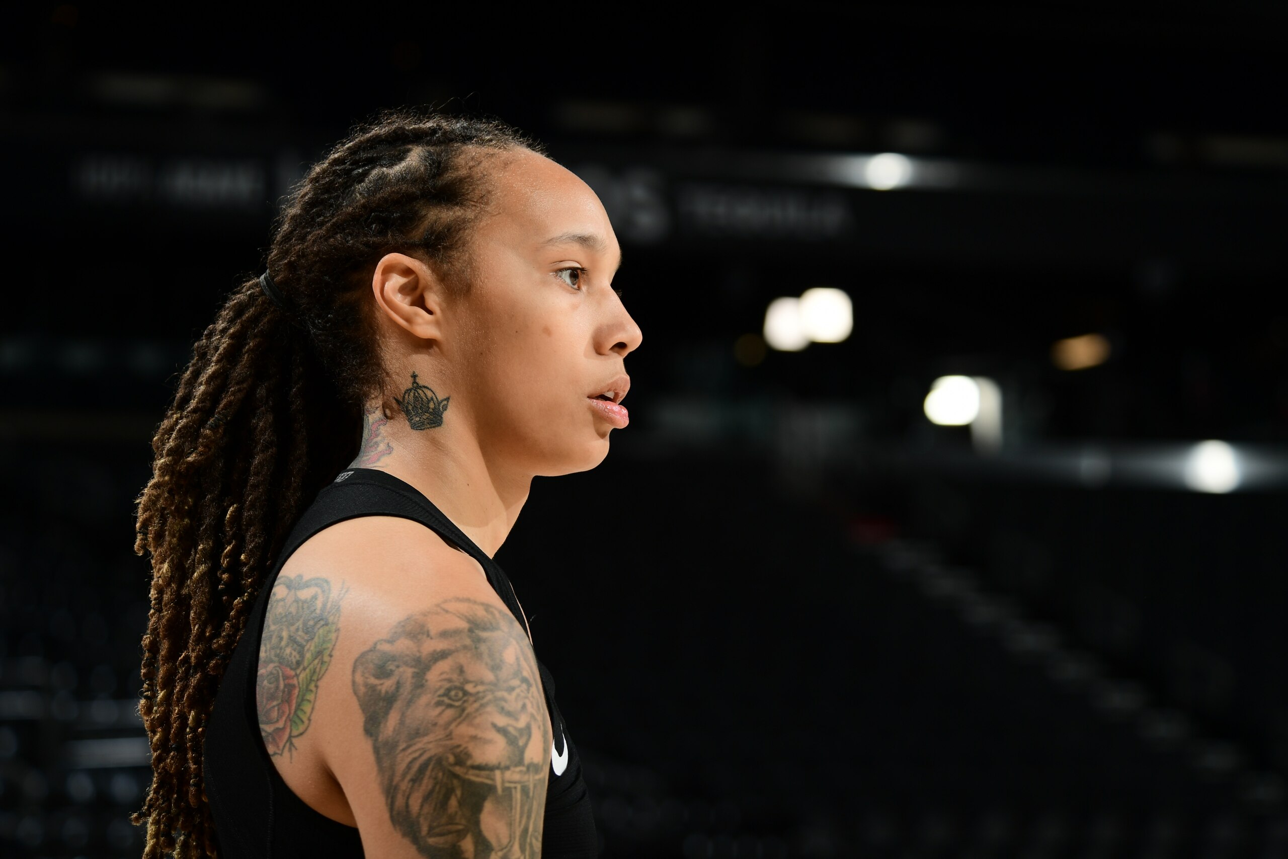 PHOENIX, AZ - OCTOBER 12:  A close up shot of Brittney Griner #42 of the Phoenix Mercury at practice and media availability during the 2021 WNBA Finals on October 11, 2021 at Footprint Center in Phoenix, Arizona. NOTE TO USER: User expressly acknowledges and agrees that, by downloading and or using this photograph, user is consenting to the terms and conditions of the Getty Images License Agreement. Mandatory Copyright Notice: Copyright 2021 NBAE (Photo by Michael Gonzales/NBAE via Getty Images)