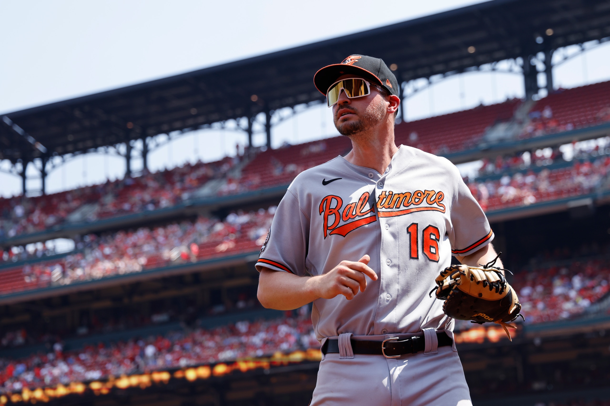 ST. LOUIS, MO - MAY 12: Baltimore Orioles designated hitter Trey Mancini (16) comes off the field in between innings during an MLB game against the St. Louis Cardinals on May 12, 2022 at Busch Stadium in St. Louis, Missouri. (Photo by Joe Robbins/Icon Sportswire via Getty Images) ST. LOUIS, MO - MAY 12: Baltimore Orioles designated hitter Trey Mancini (16) comes off the field in between innings during an MLB game against the St. Louis Cardinals on May 12, 2022 at Busch Stadium in St. Louis, Missouri. (Photo by Joe Robbins/Icon Sportswire via Getty Images)