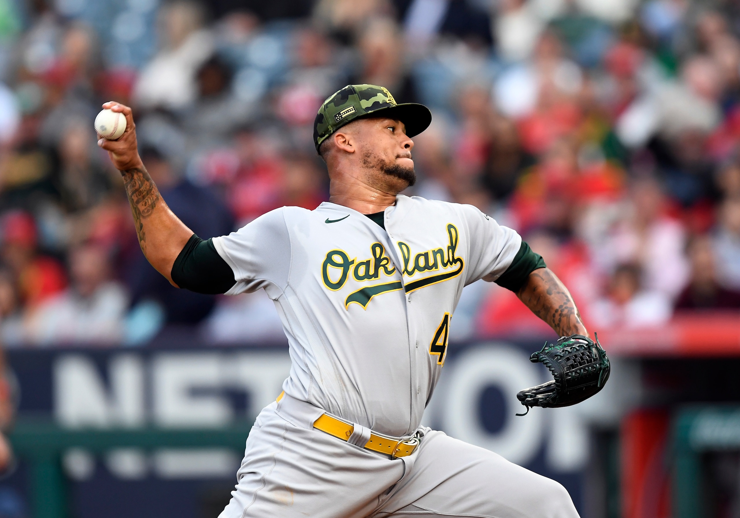 ANAHEIM, CA - MAY 21: Starting pitcher Frankie Montas #47 of the Oakland Athletics throws against the Los Angeles Angels during the first inning at Angel Stadium of Anaheim on May 21, 2022 in Anaheim, California. (Photo by Kevork Djansezian/Getty Images) ANAHEIM, CA - MAY 21: Starting pitcher Frankie Montas #47 of the Oakland Athletics throws against the Los Angeles Angels during the first inning at Angel Stadium of Anaheim on May 21, 2022 in Anaheim, California. (Photo by Kevork Djansezian/Getty Images)