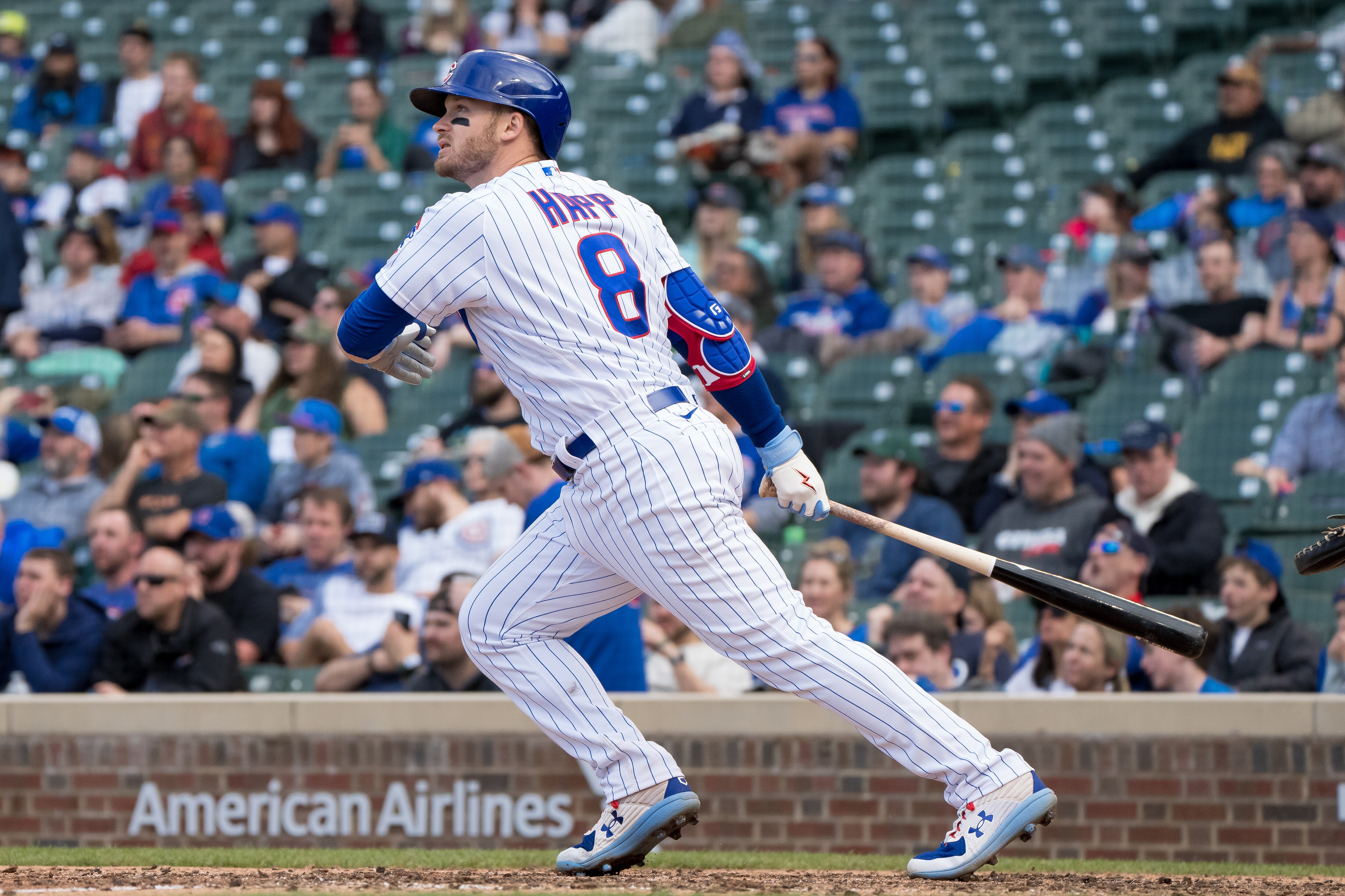 CHICAGO, IL - APRIL 24: Ian Happ of the Chicago Cubs watches the flight of the ball in a game against the Pittsburgh Pirates at Wrigley Field on April 24, 2022 in Chicago, Illinois. (Photo by Matt Dirksen/Getty Images)